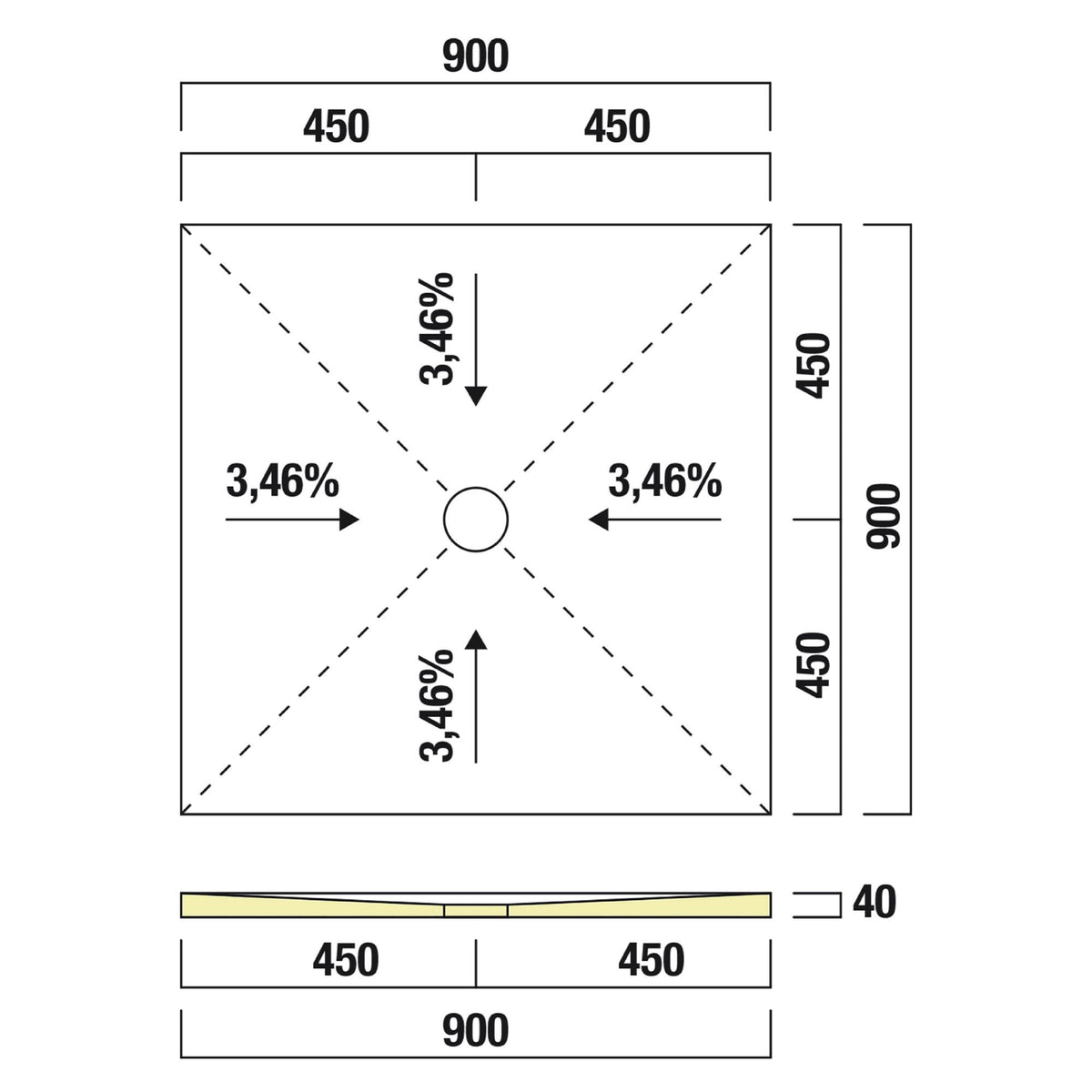 Receveur de douche prêt à carreler recoupable 90x90x4 cm - Bonde centrée - Sopro