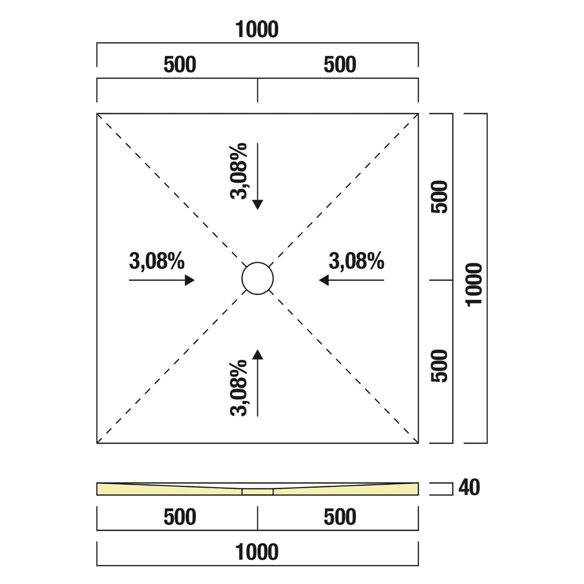 Receveur de douche prêt à carreler recoupable 100x100x4 cm - Bonde centrée - Sopro