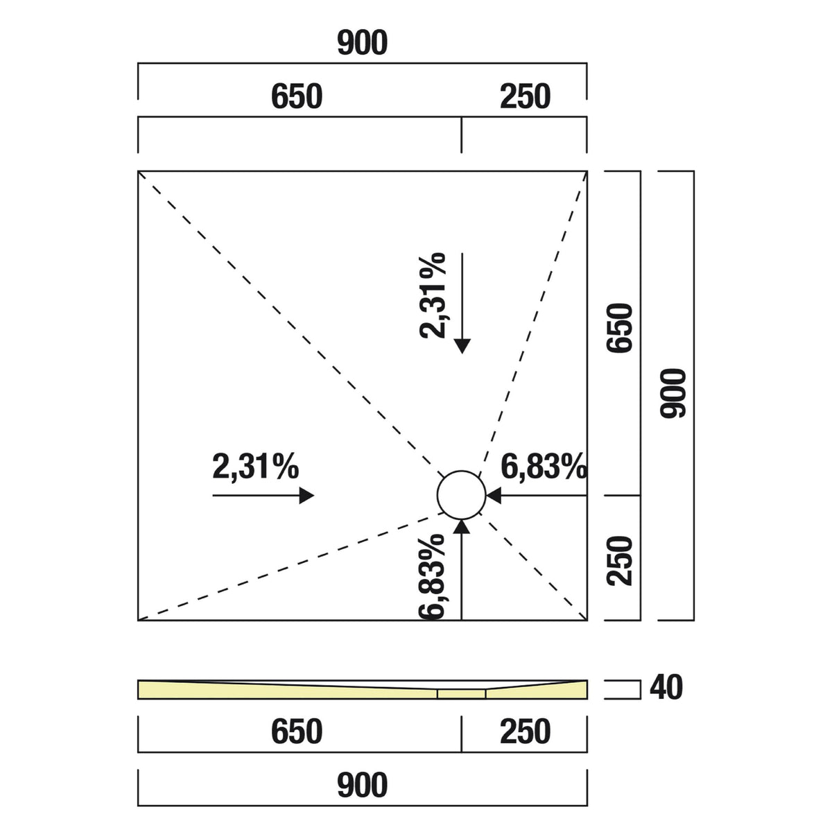 Receveur de douche prêt à carreler recoupable 90x90x4 cm - Bonde excentrée - Sopro