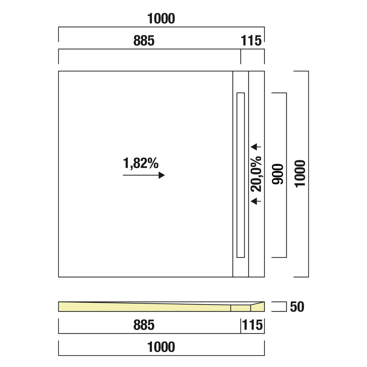 Receveur de douche prêt à carreler recoupable 100x100x5 cm - Bonde caniveau - Sopro