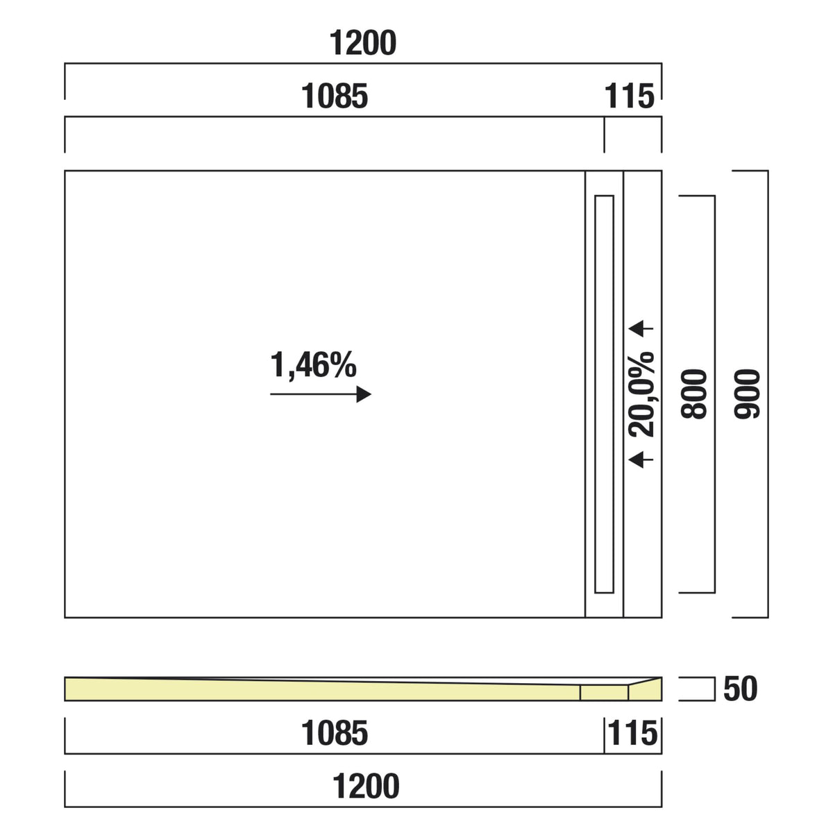 Receveur de douche prêt à carreler recoupable 120x90x5 cm - Bonde caniveau - Sopro