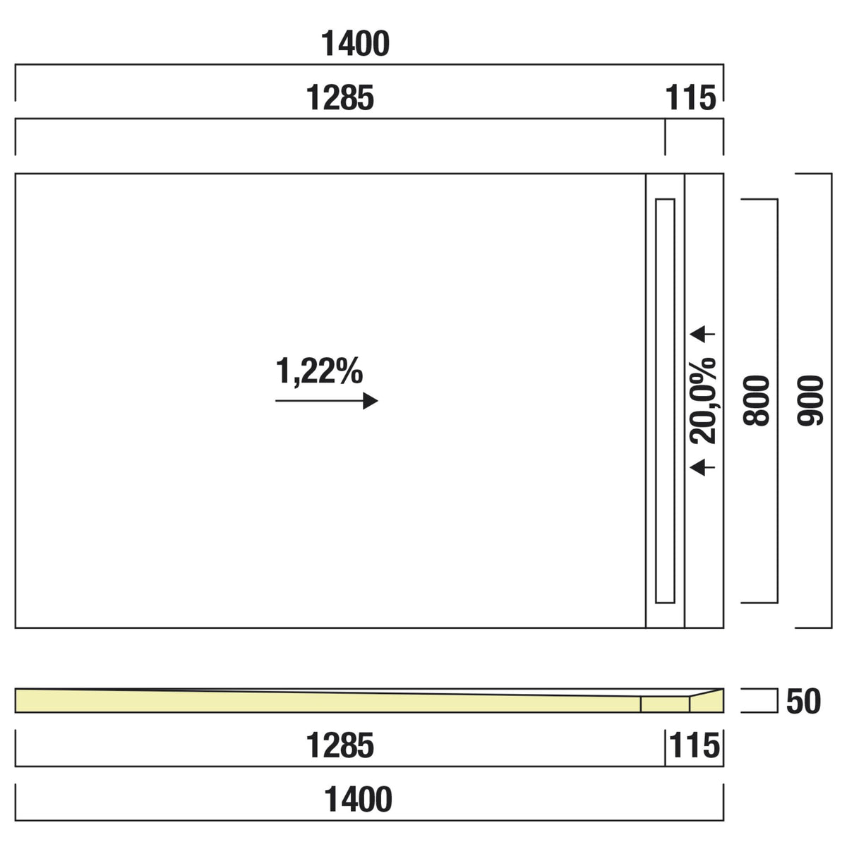 Receveur de douche prêt à carreler recoupable 140x90x5 cm - Bonde caniveau - Sopro