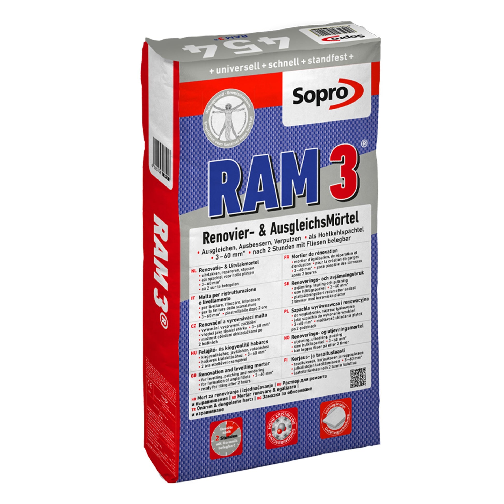 Enduit et ragréage sol, mur, plafond 3 à 60 mm - Intérieur et Extérieur - Sopro RAM 3 - 25 kg