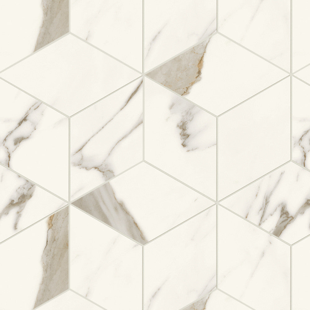 Mosaïque effet Marbre Blanc Calacatta Alba Hexa Cube 35x30x0,9 cm Silk Montira - Mur intérieur