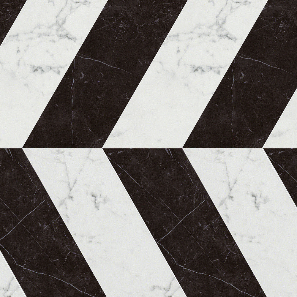 Mosaïque effet Marbre Blanc Carrare / Noir Marquina Chevron 22,9x22,5x0,95 cm Brillant Marvillo - Mur intérieur
