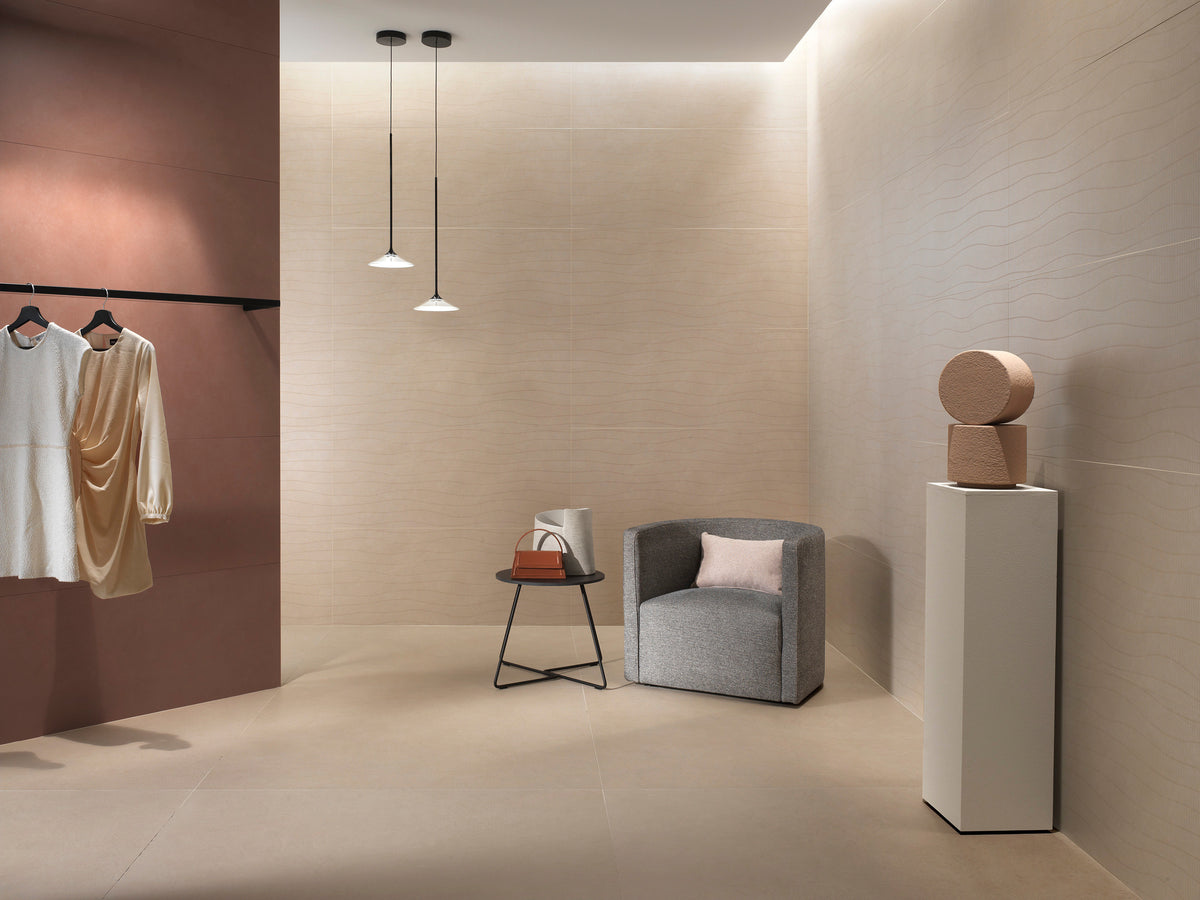 Carrelage effet Béton Beige Chanvre Flow 120x50x0,85 cm Mat Talvoro - Mur intérieur