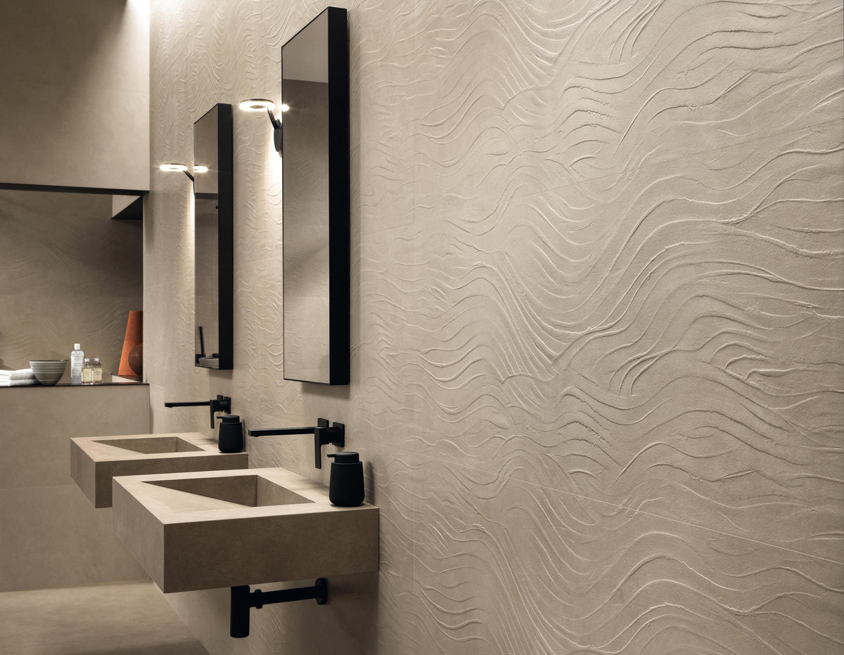 Carrelage effet Béton 3D Grège Onda 120x50x0,85 cm Mat Benzaro - Mur intérieur