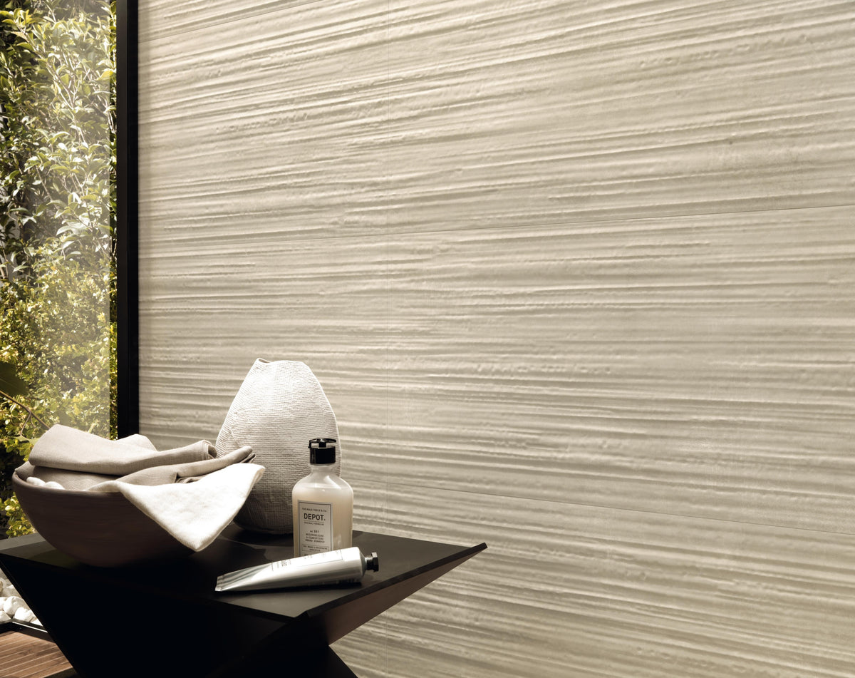 Carrelage effet Béton 3D Beige Ivoire Line 80x40x1 cm Mat Vetrano - Mur intérieur