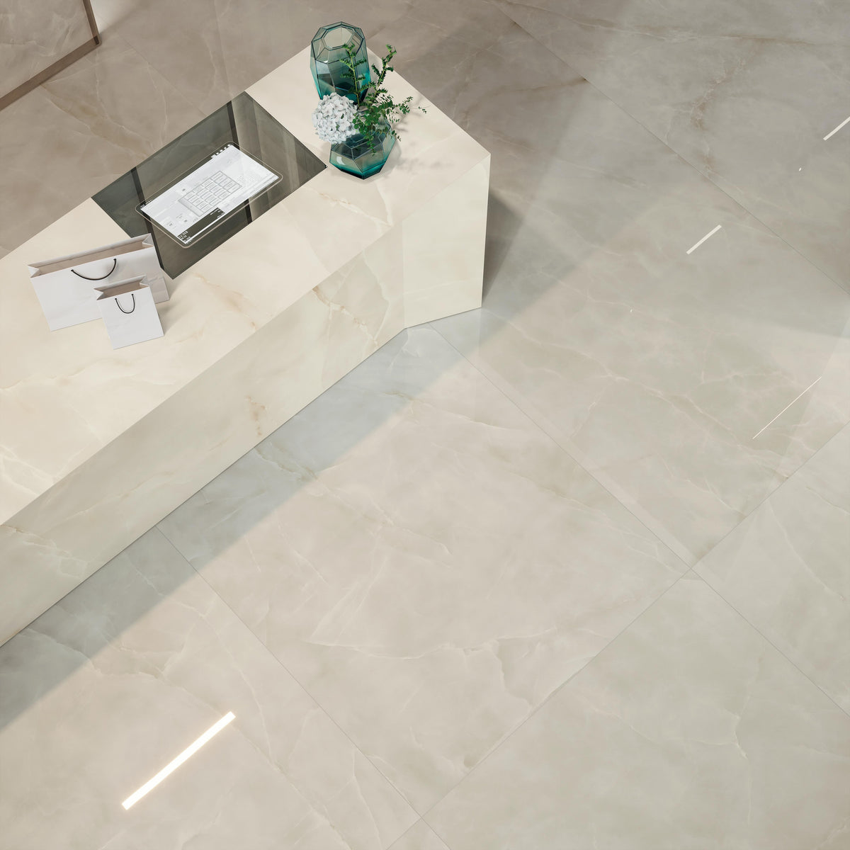 Carrelage effet Onyx Gris Nacré 240x120x0,9 cm Brillant Nerolio - Mur intérieur