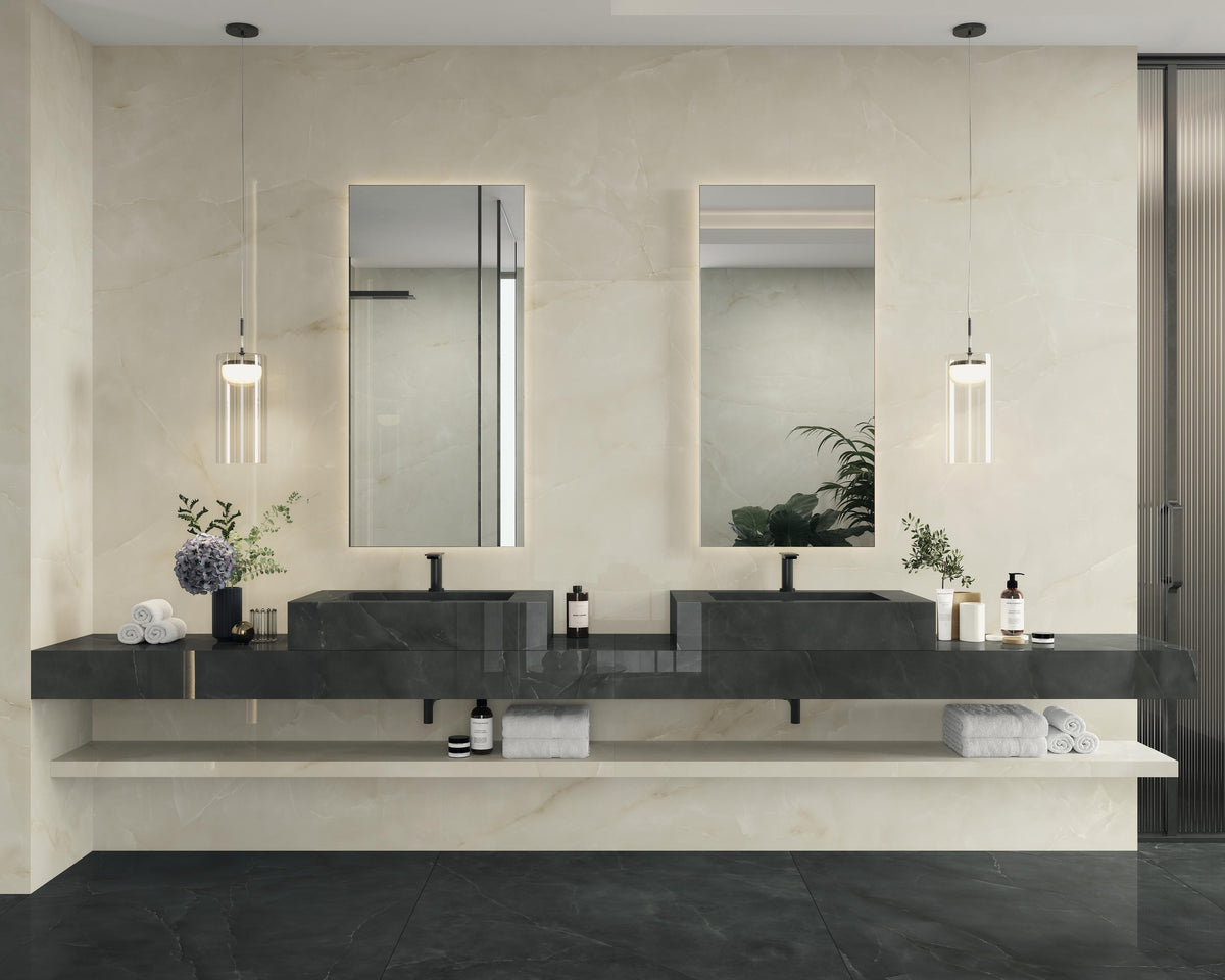 Carrelage effet Onyx Noir Obsidienne 240x120x0,9 cm Brillant Nerolio - Mur intérieur