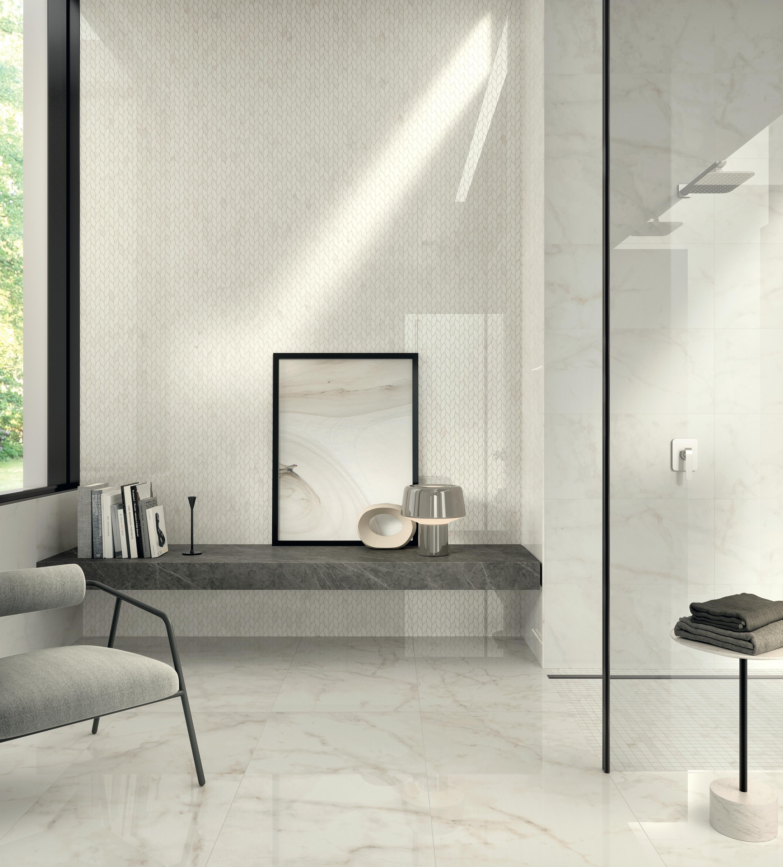 Mosaïque effet Marbre Blanc Calacatta Celeste 2,3x2,3 cm Quadra 30x30x0,9 cm Brillant Faventa - Sol et mur intérieur