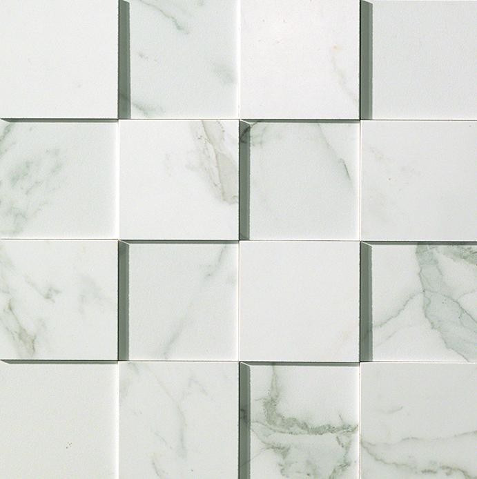 Mosaïque effet Marbre 3D Blanc Calacatta Extra 7,4x7,4 cm Quadra 30x30x0,95 cm Brillant Clarenza - Mur intérieur