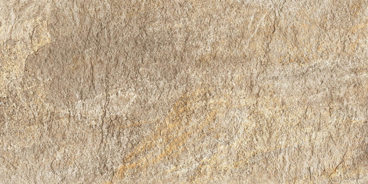 Carrelage effet Pierre Quartzite Beige Doré 60x30x0,9 cm Brut Salvero - Sol extérieur