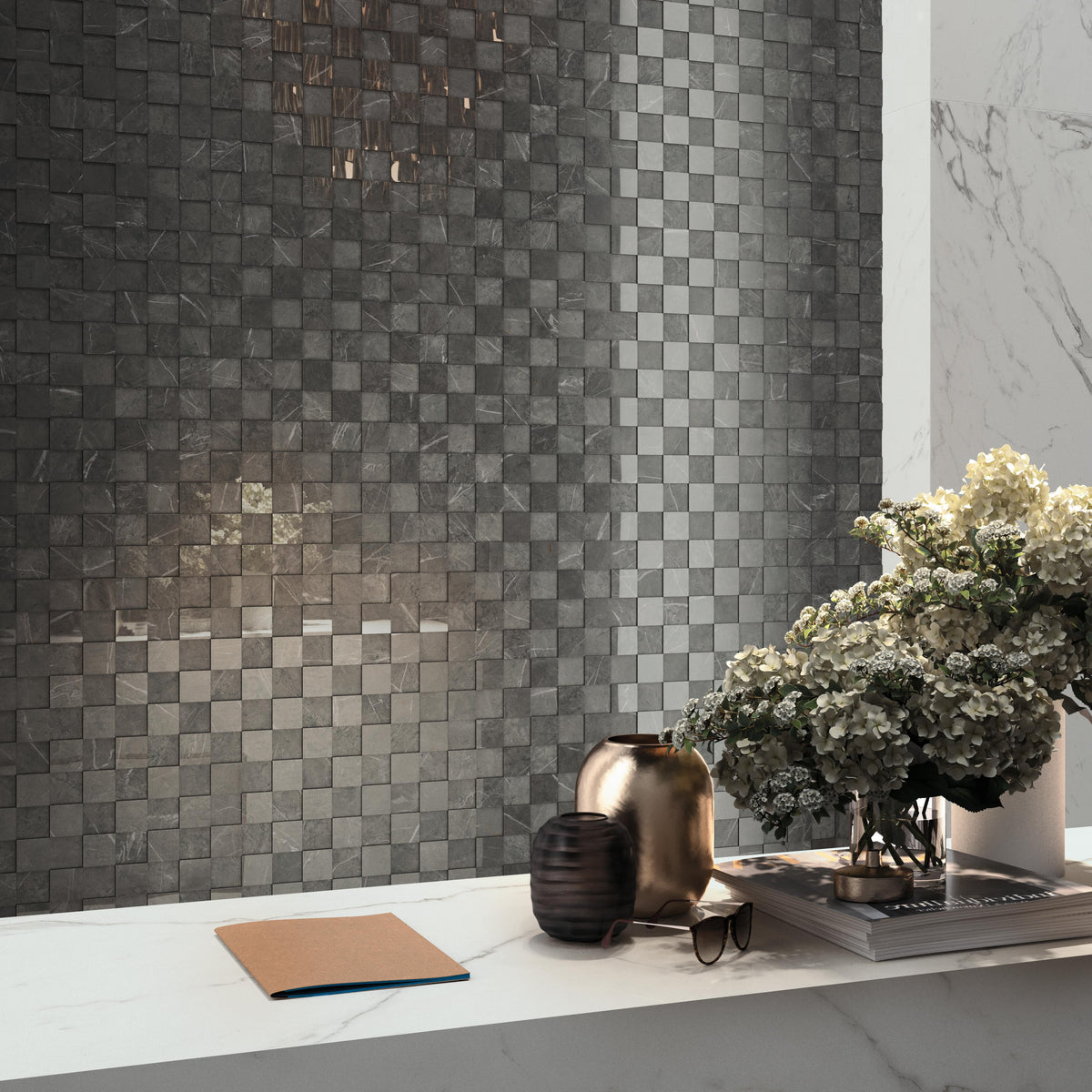 Mosaïque effet Marbre 3D Gris Ombre 7,4x7,4 cm Quadra 30x30x0,95 cm Brillant Clarenza - Mur intérieur