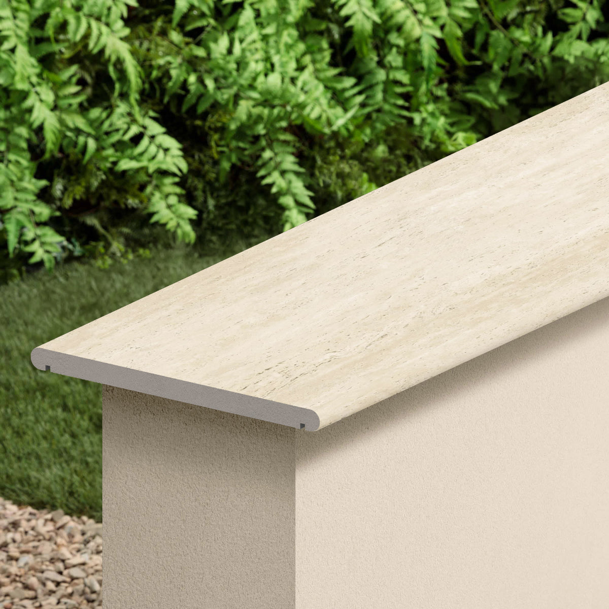 Couvertine effet Travertin Grège Vein Cut 120x30x2 cm Bord 1/2 Rond Double Larmier Neravio