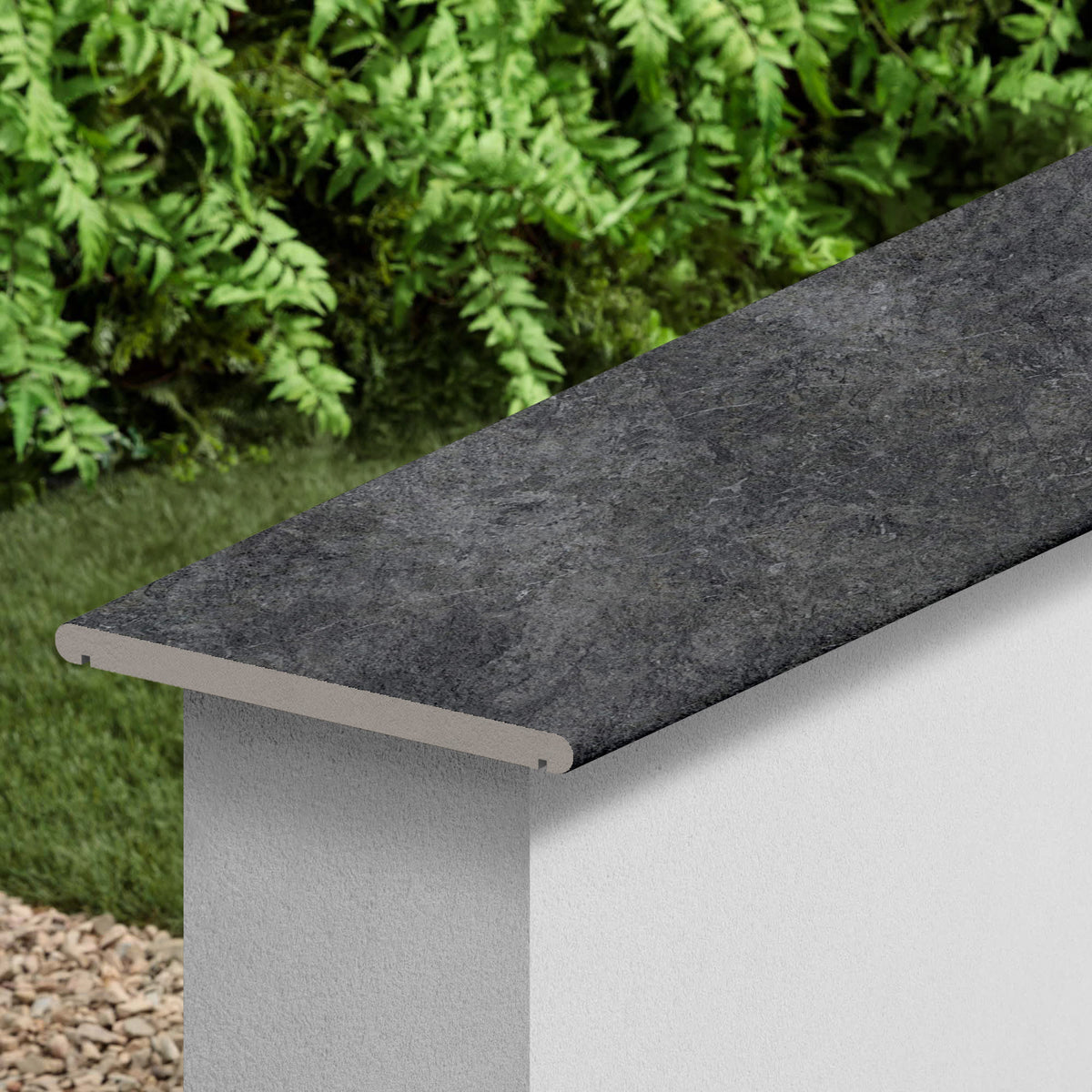 Couvertine effet Pierre Quartzite Gris Dark 120x30x2 cm Bord 1/2 Rond Double Larmier Teravio