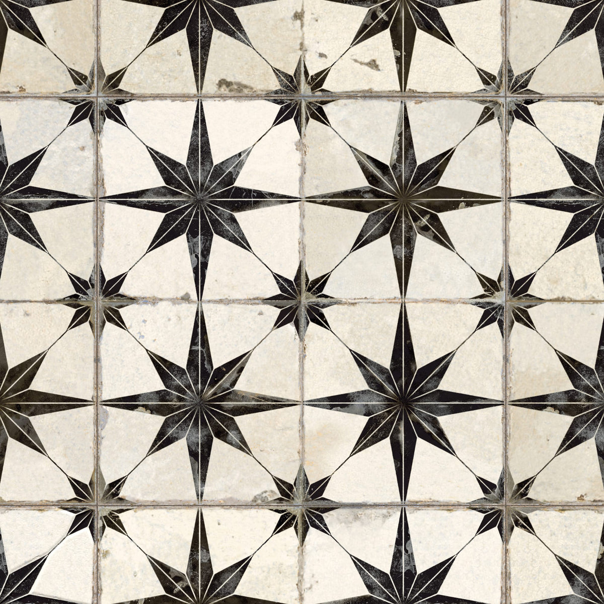 Carrelage Vintage effet Carreau ciment 3D Etoile Noire et Fond Blanc 45x45x0,95 cm Sparta - Sol et mur intérieur