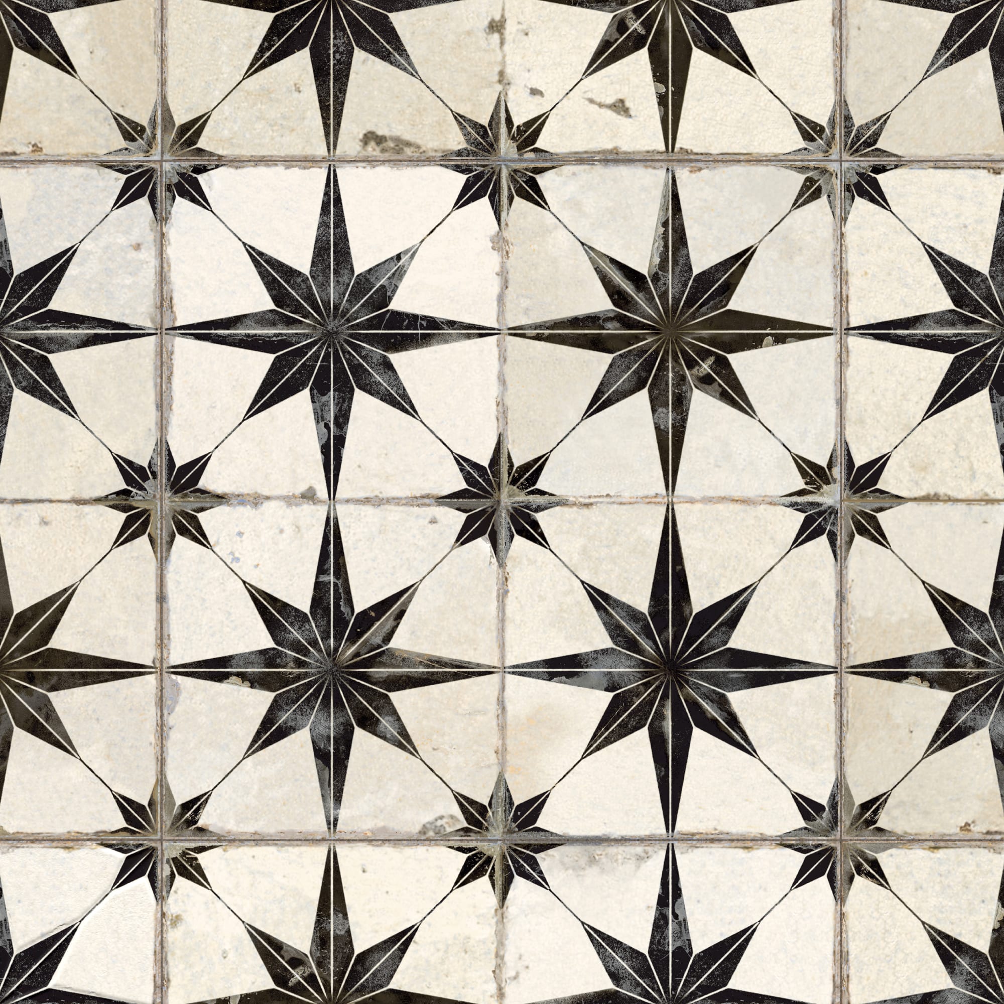 Carrelage Vintage effet Carreau ciment 3D Etoile Noire et Fond Blanc 45x45x0,95 cm Sparta - Sol et mur intérieur
