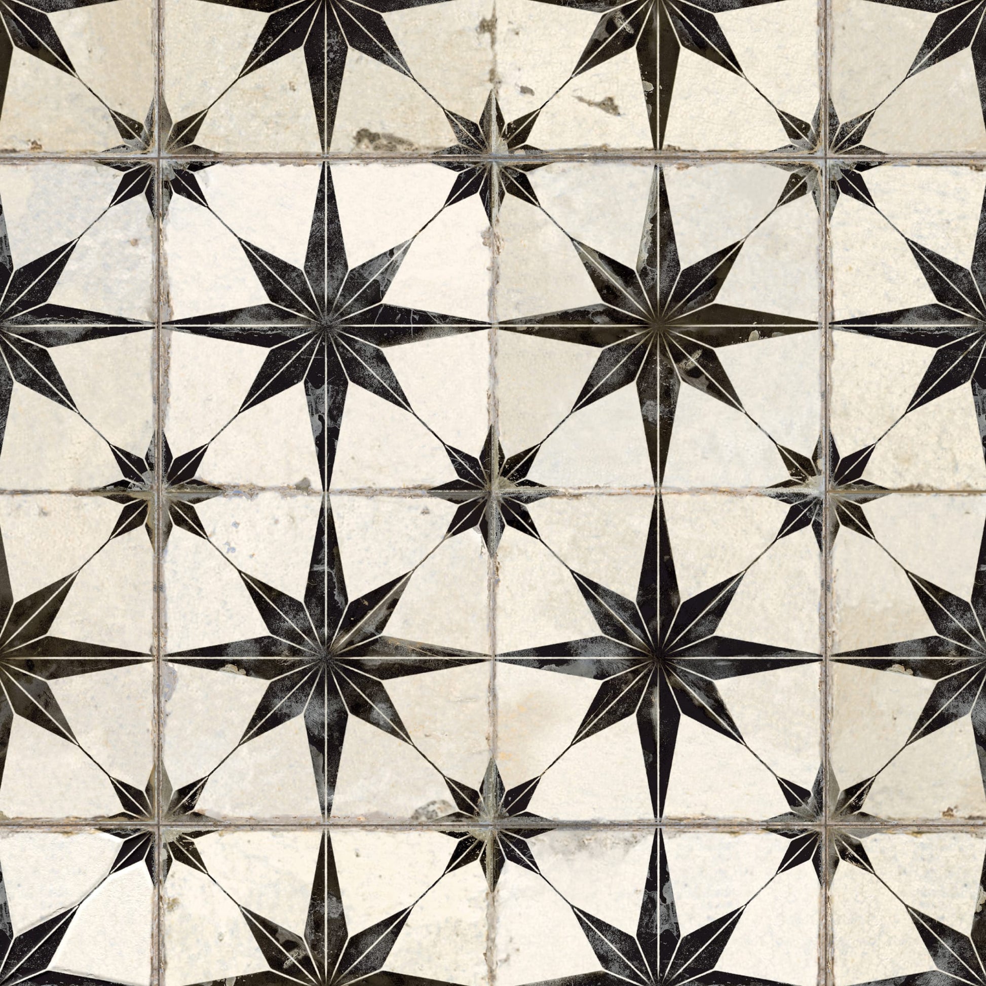 Carrelage Vintage effet Carreau ciment 3D Etoile Noire et Fond Blanc 45x45x0,95 cm Sparta - Sol et mur intérieur