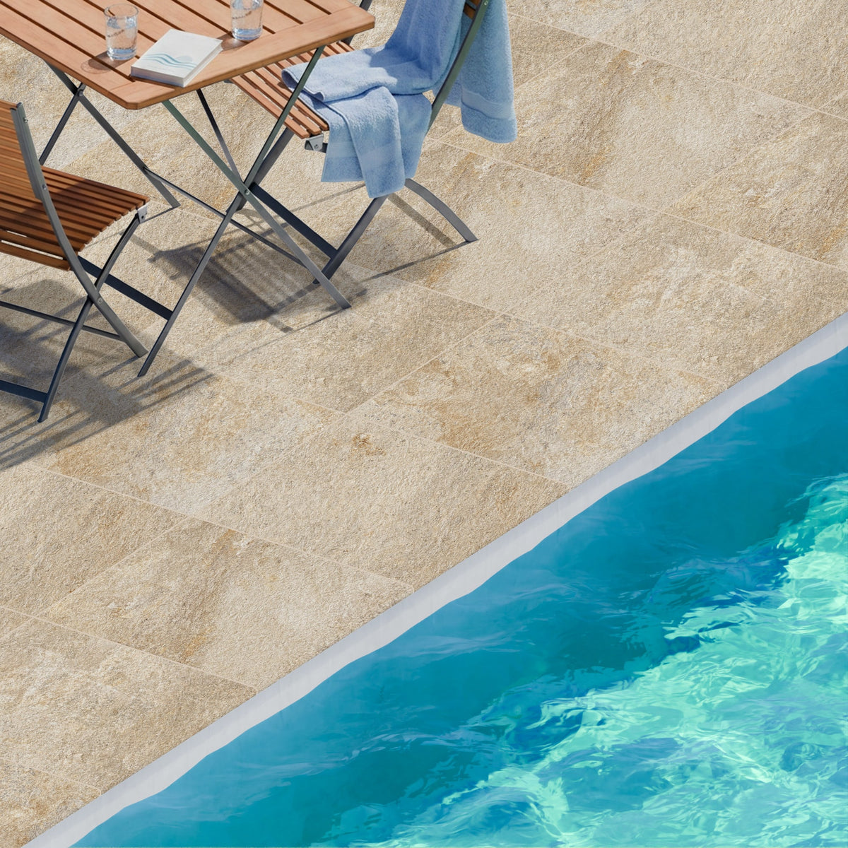 Margelle de piscine effet Pierre Quartzite Beige Doré 60x60x2 cm Bord 1/2 Rond Salvero