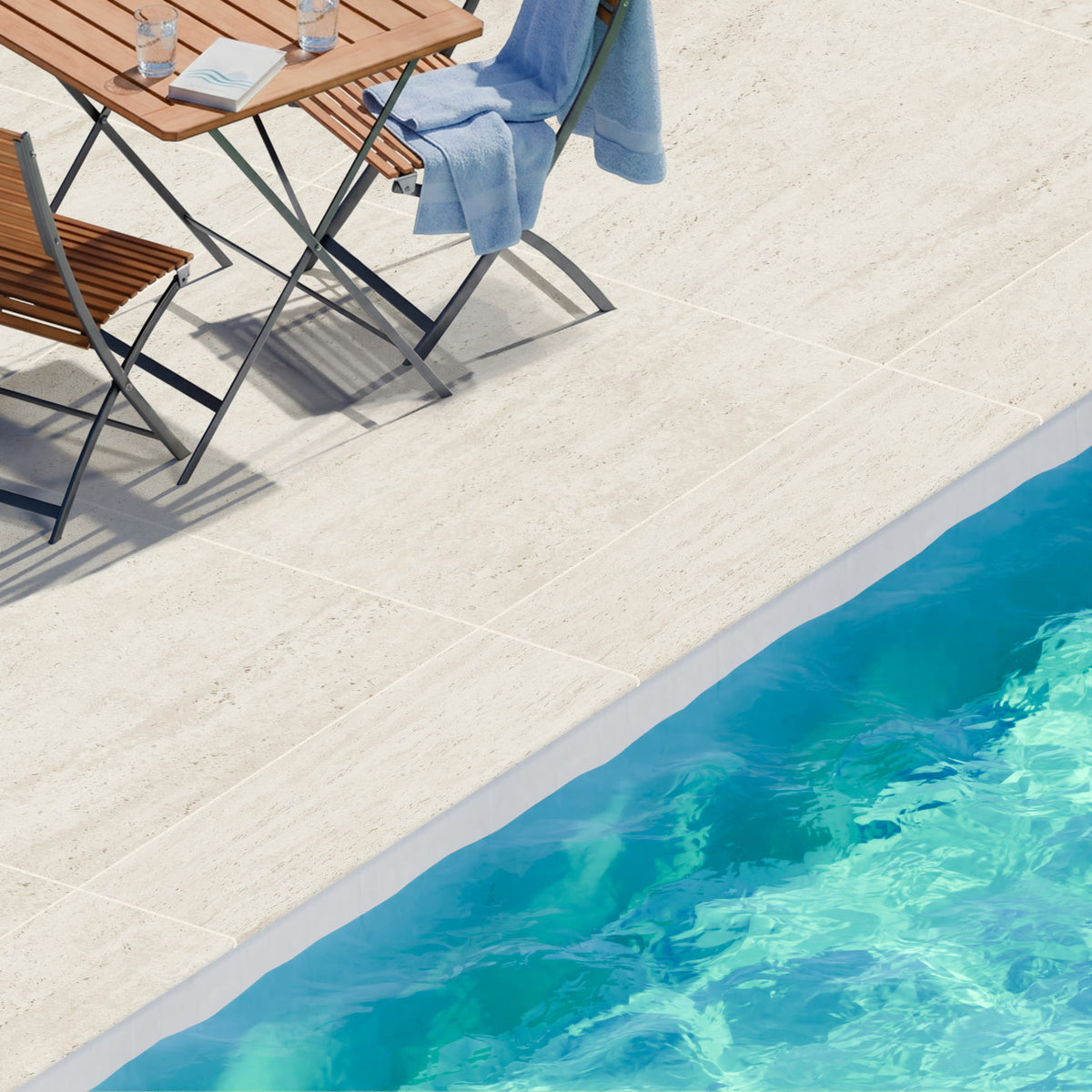 Margelle de piscine effet Travertin Blanc Vein Cut 120x33x2 cm Bord 1/2 Rond Neravio