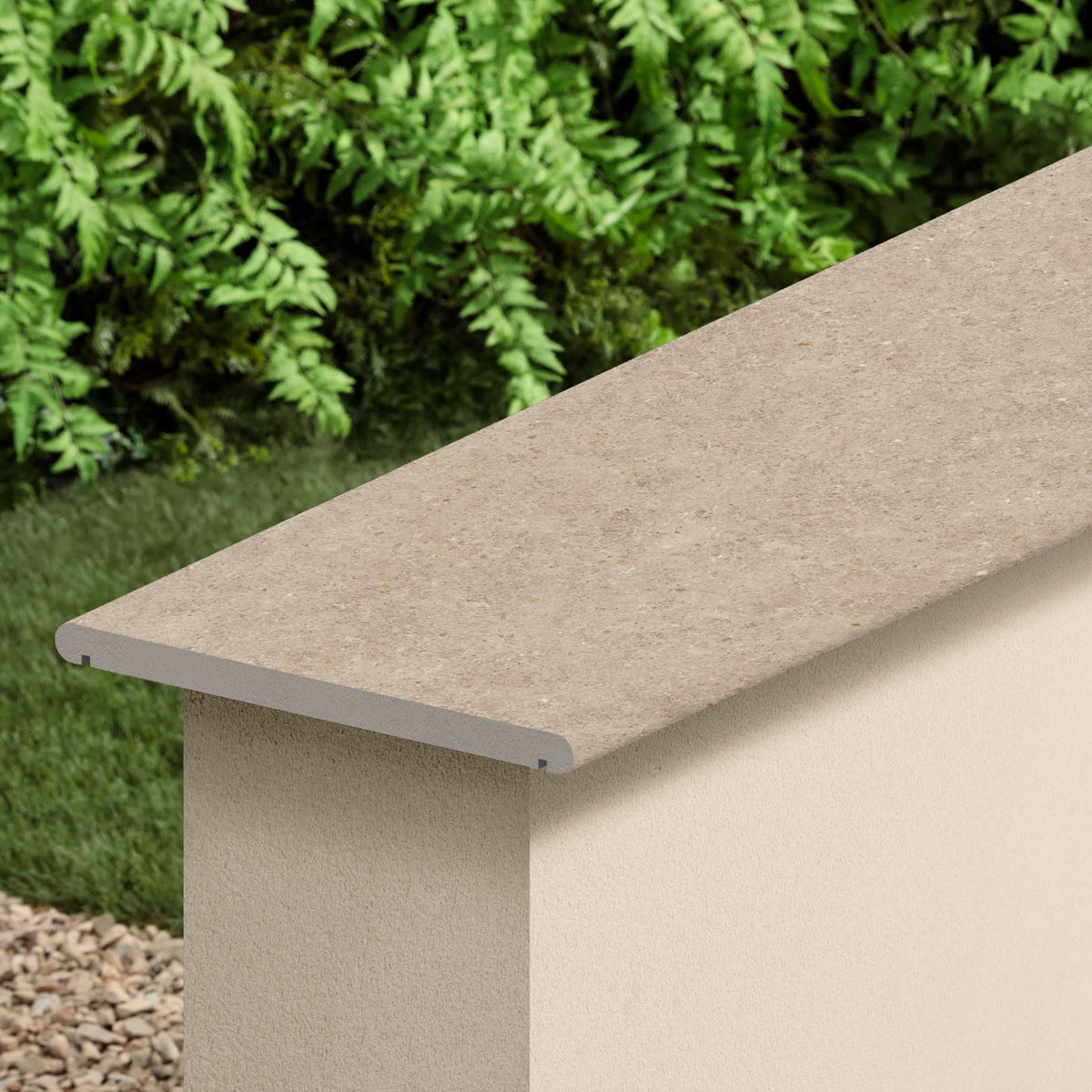 Couvertine effet Pierre Calcaire Grège 120x30x2 cm Bord 1/2 Rond Double Larmier Domella