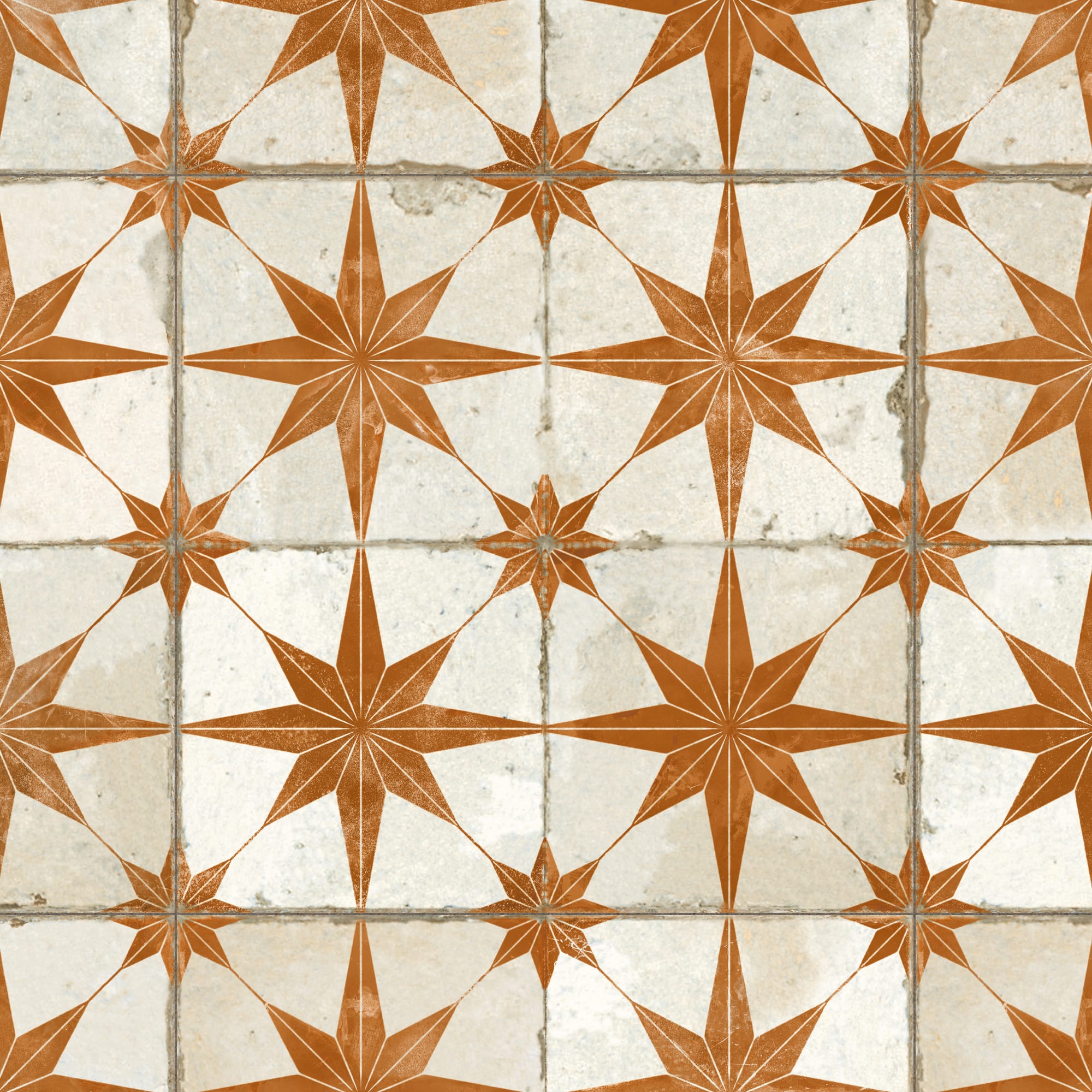 Carrelage Vintage effet Carreau ciment Etoile Orange et Fond Blanc 45x45x0,95 cm Sparta - Sol et mur intérieur