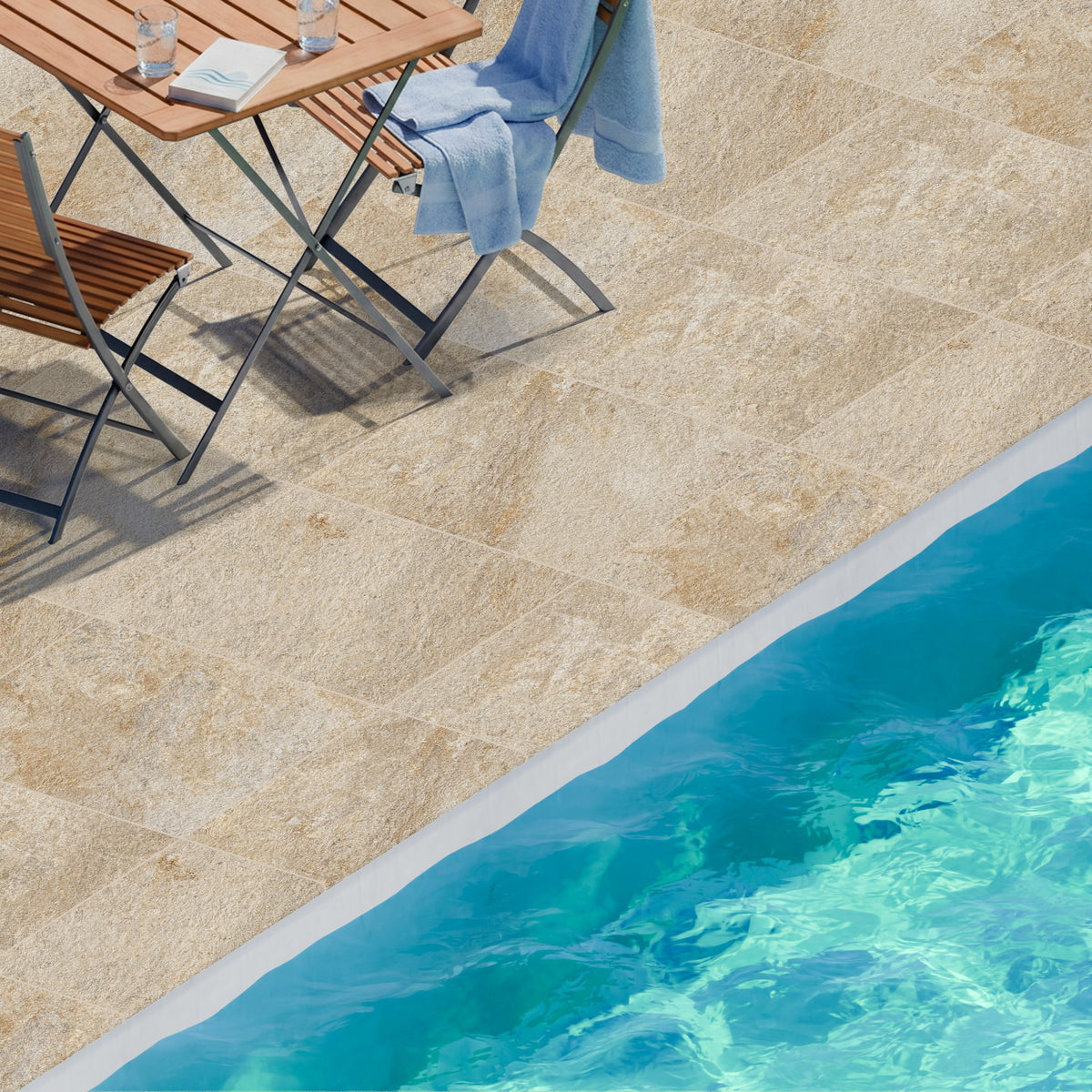 Margelle de piscine effet Pierre Quartzite Beige Doré 60x30x2 cm Bord 1/2 Rond Salvero