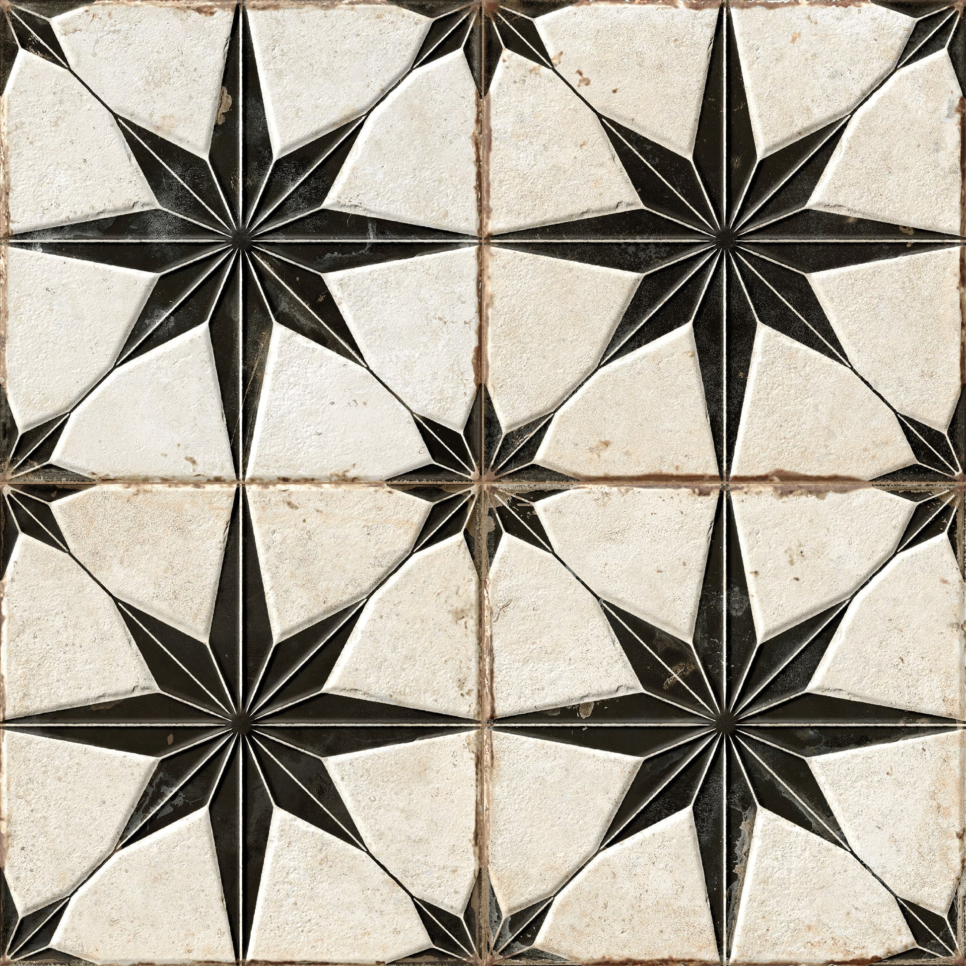 Carrelage Vintage effet Carreau ciment 3D Etoile Noire et Fond Blanc 22,3x22,3x0,9 cm Sparta - Sol et mur intérieur