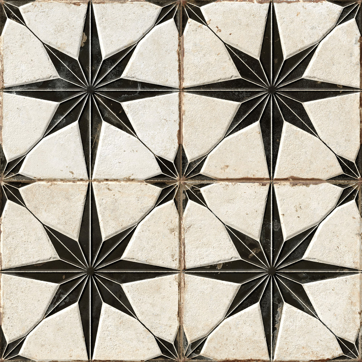Carrelage Vintage effet Carreau ciment 3D Etoile Noire et Fond Blanc 22,3x22,3x0,9 cm Sparta - Sol et mur intérieur