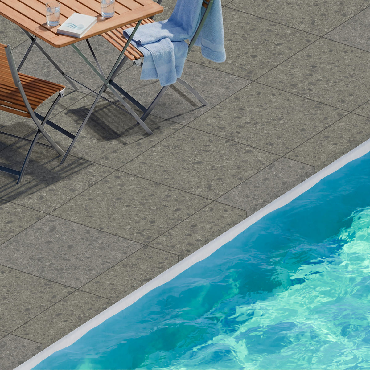 Margelle de piscine effet Pierre Ceppo di Gré Gris Foncé 60x20x2 cm Bord Droit avec retombée Massira
