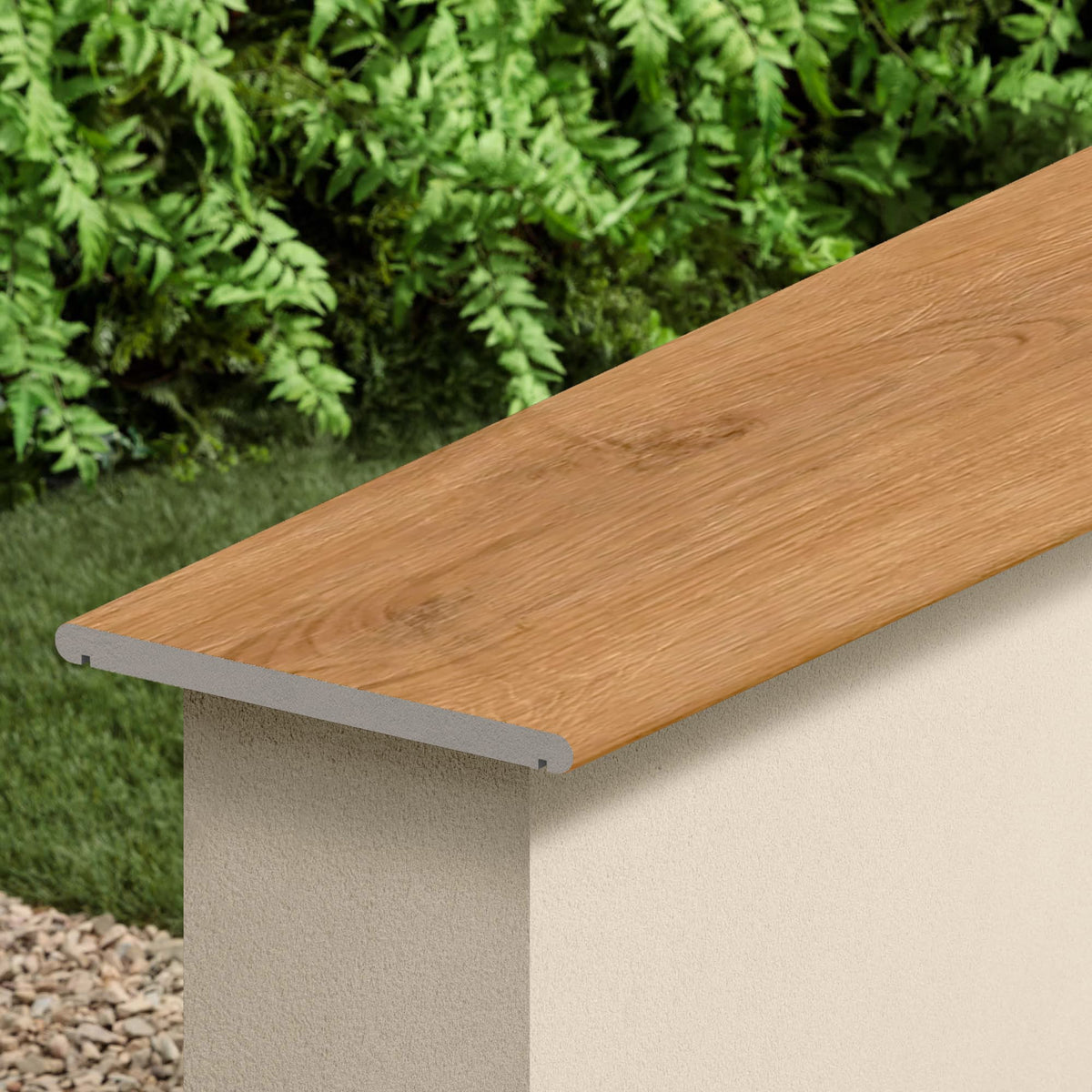 Couvertine effet Bois Chêne Caramel 120x30x2 cm Bord 1/2 Rond Double Larmier Bravino