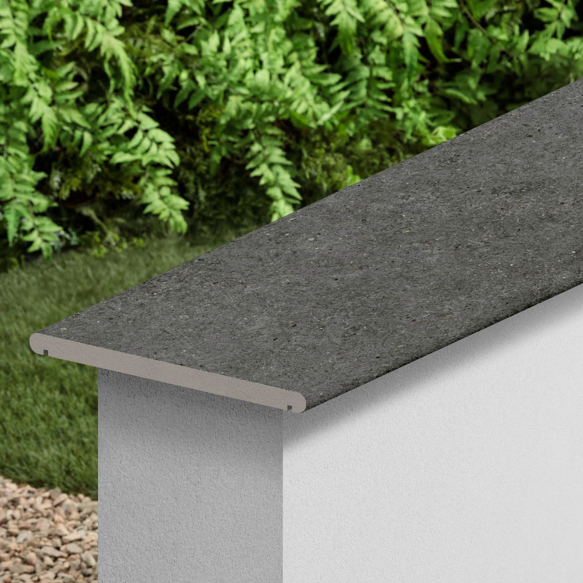 Couvertine effet Pierre Calcaire Gris Carbone 120x30x2 cm Bord 1/2 Rond Double Larmier Domella