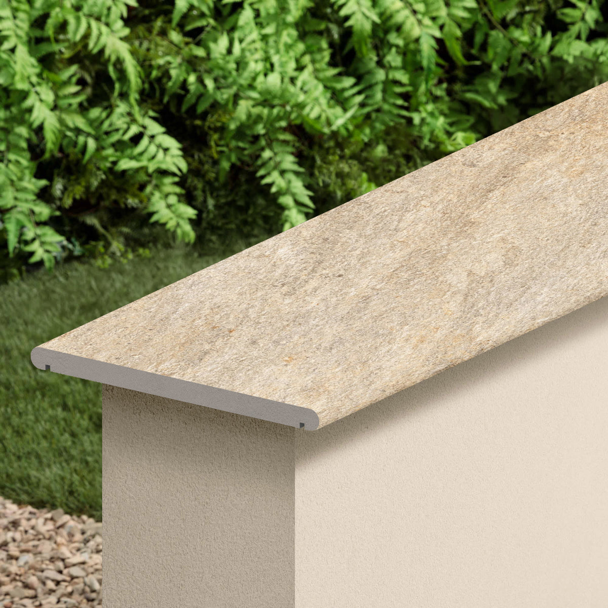 Couvertine effet Pierre Quartzite Beige Doré 120x30x2 cm Bord 1/2 Rond Double Larmier Salvero