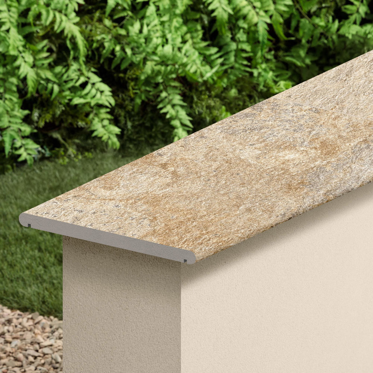 Couvertine effet Pierre Quartzite Beige Doré 60x30x2 cm Bord 1/2 Rond Double Larmier Salvero
