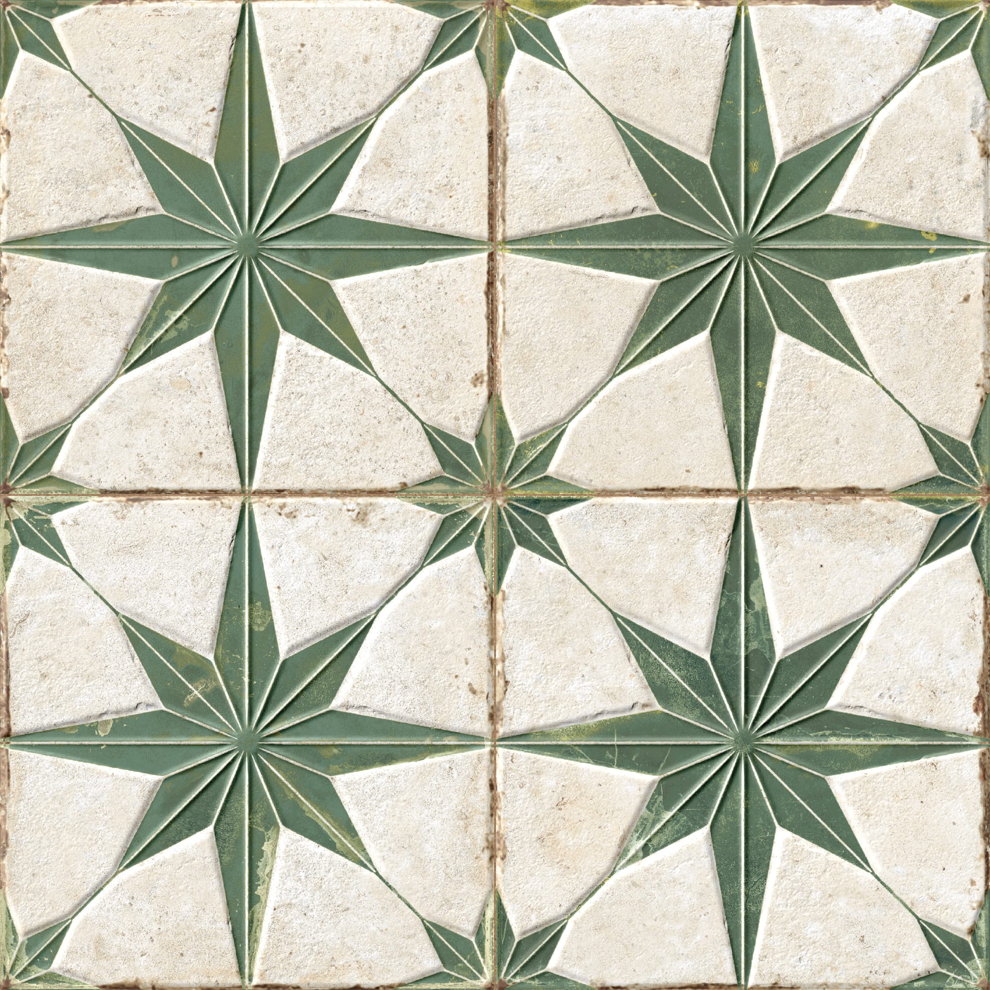 Carrelage Vintage effet Carreau ciment 3D Etoile Verte et Fond Blanc 22,3x22,3x0,9 cm Sparta - Sol et mur intérieur