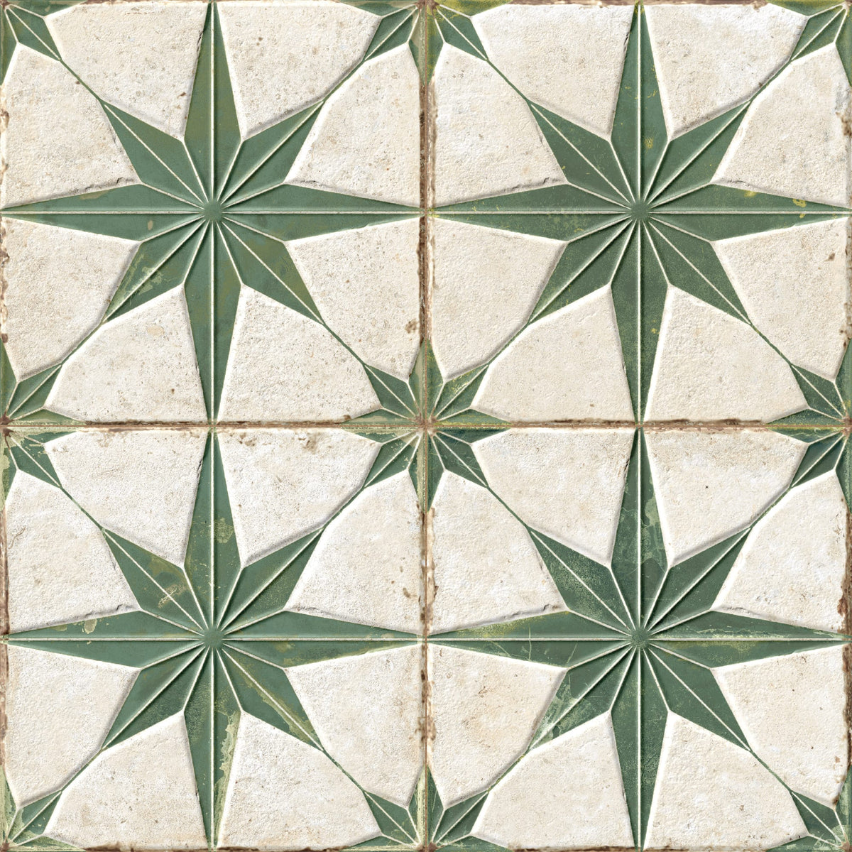 Carrelage Vintage effet Carreau ciment 3D Etoile Verte et Fond Blanc 22,3x22,3x0,9 cm Sparta - Sol et mur intérieur