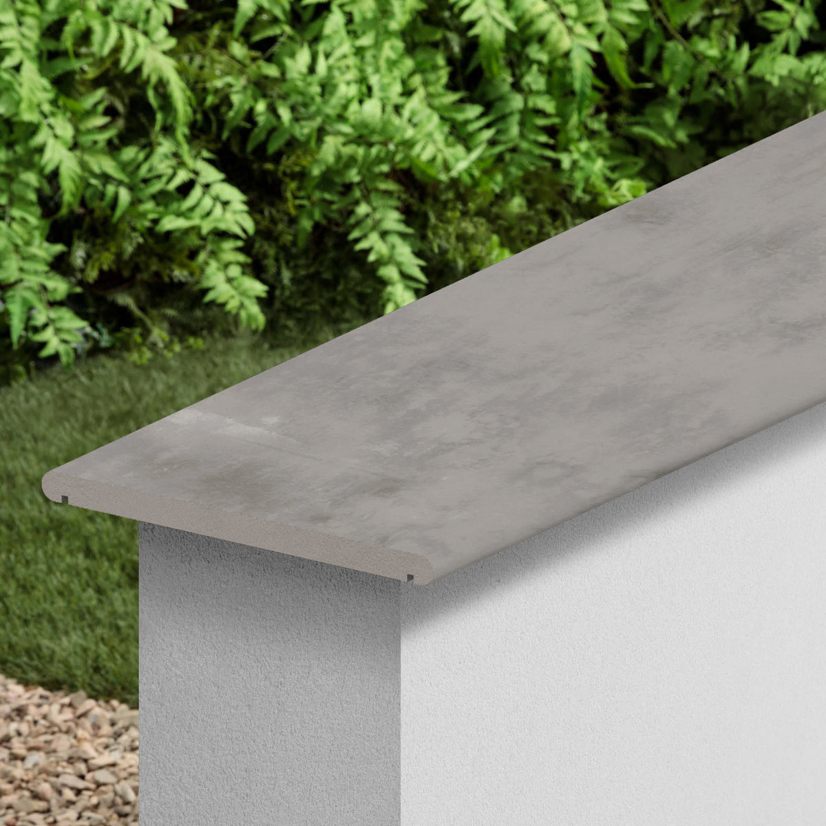 Couvertine effet Pierre Calcaire Gris Fumé 120x30x2 cm Bord 1/2 Rond Double Larmier Gravino