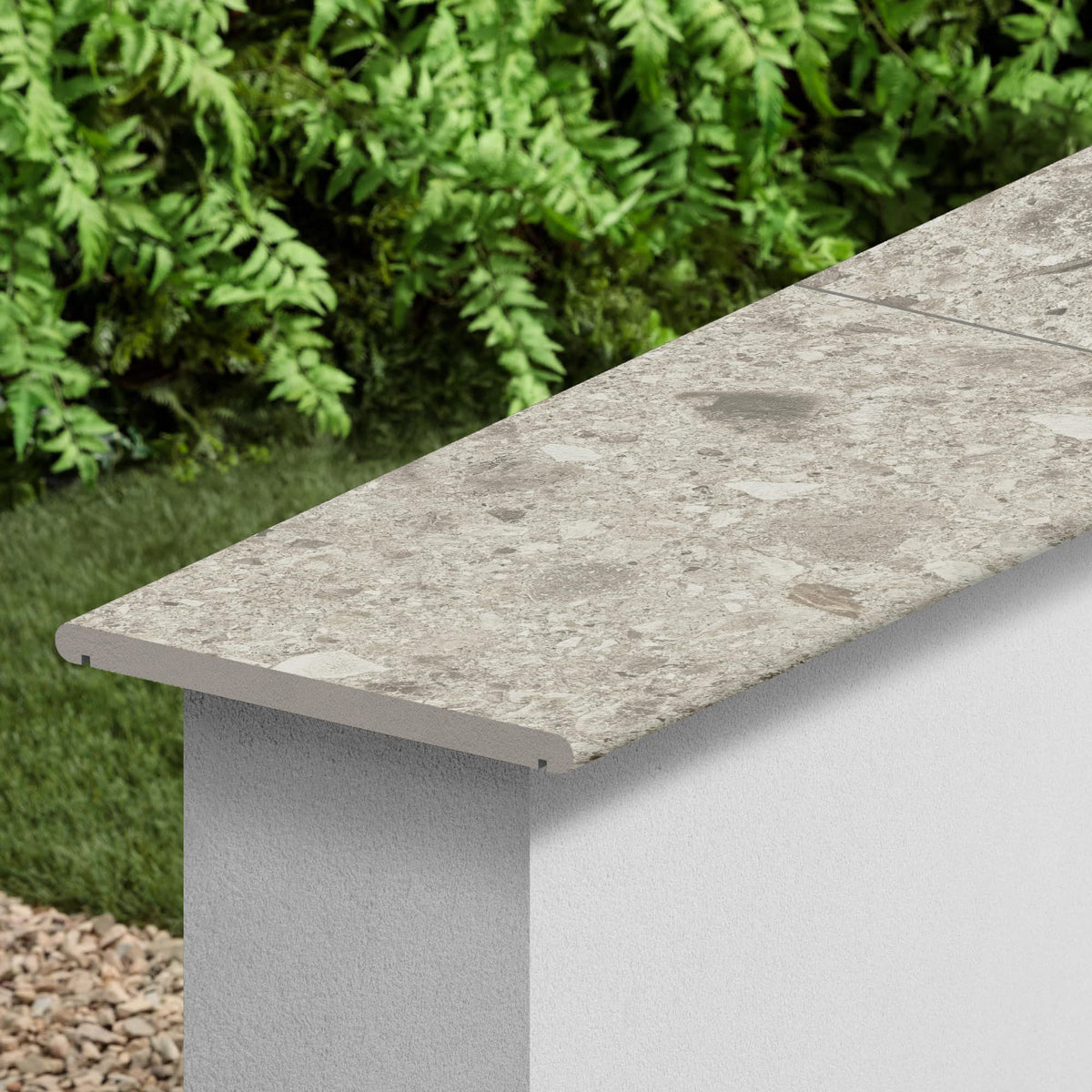 Couvertine effet Pierre Ceppo di Gré Gris Clair 60x30x2 cm Bord 1/2 Rond Double Larmier Massira