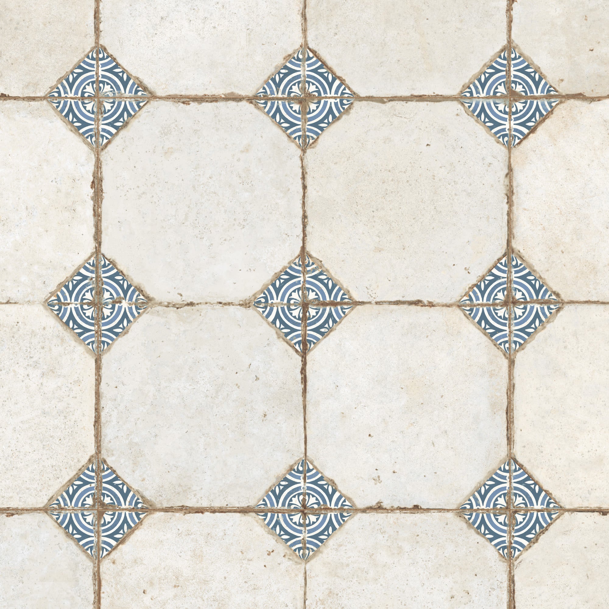 Carrelage Vintage Blanc et Bleu Cabochon 45,2x45,2x0,95 cm Sorelia - Sol et mur intérieur