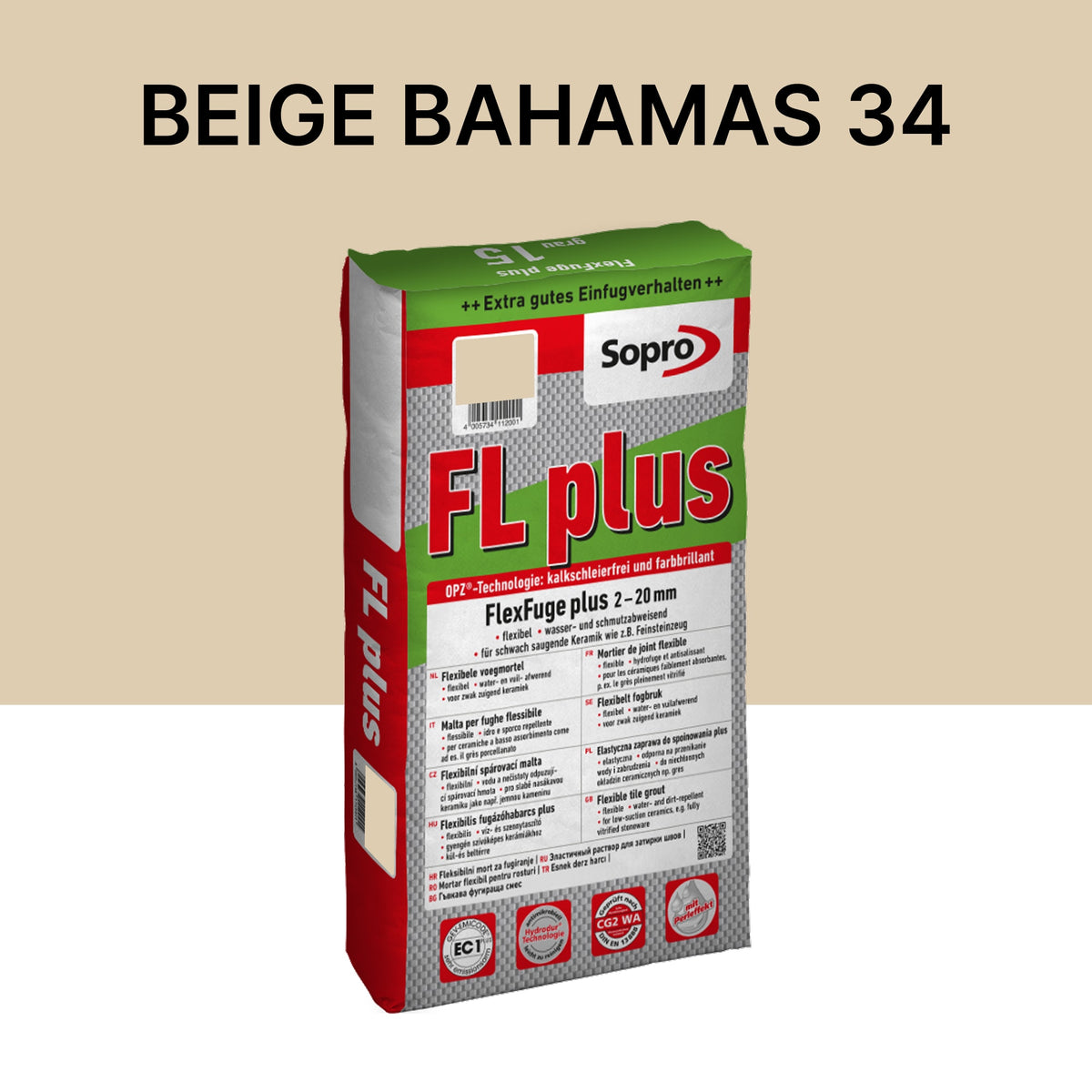 Joint carrelage intérieur et extérieur - 2 à 20 mm - Beige Bahamas 34 - Sopro FL plus - 15 kg