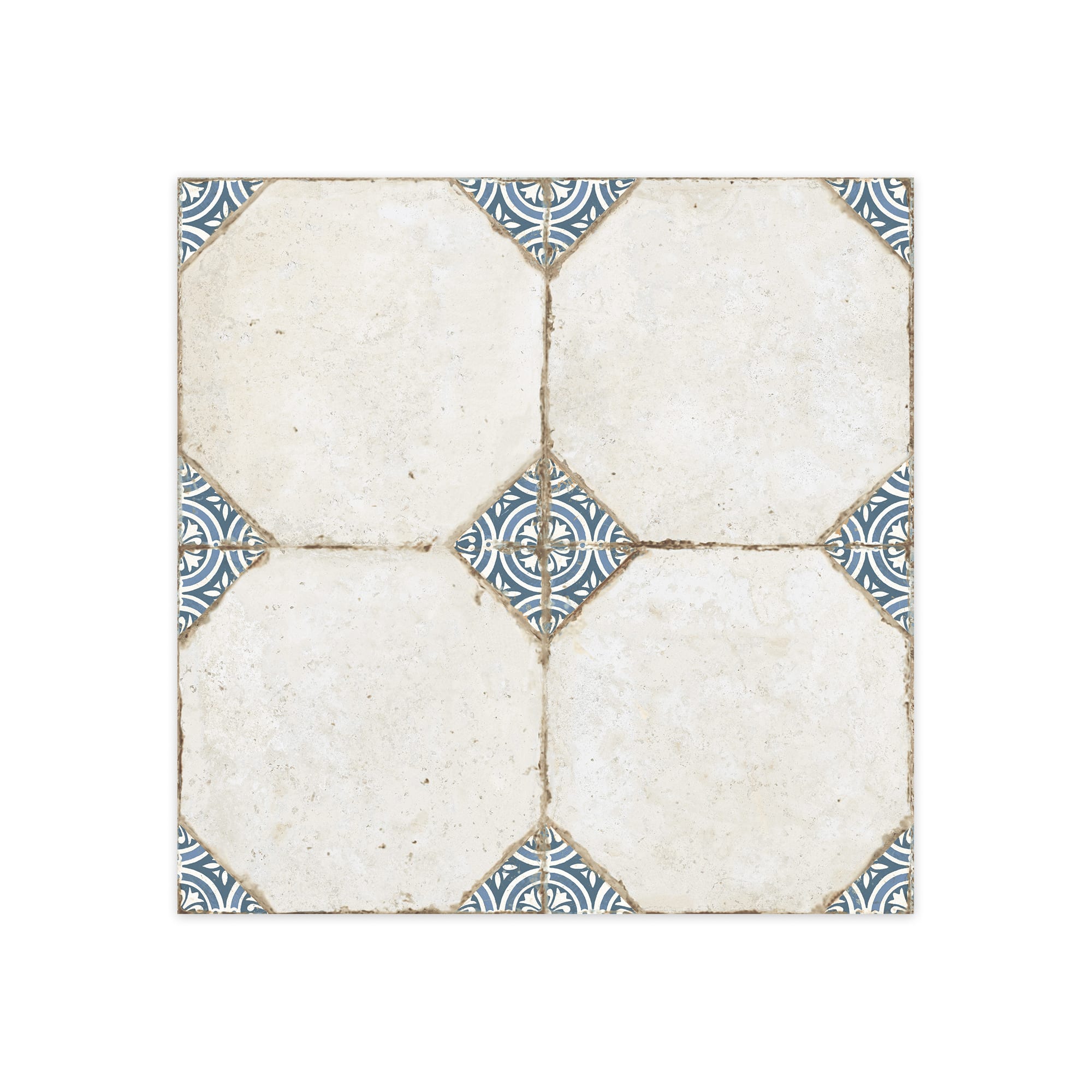 Carrelage Vintage Blanc et Bleu Cabochon 45,2x45,2x0,95 cm Sorelia - Sol et mur intérieur