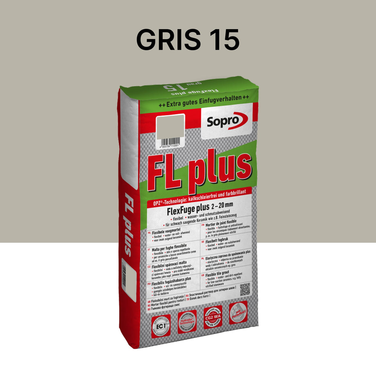 Joint carrelage intérieur et extérieur - 2 à 20 mm - Gris 15 - Sopro FL plus - 15 kg