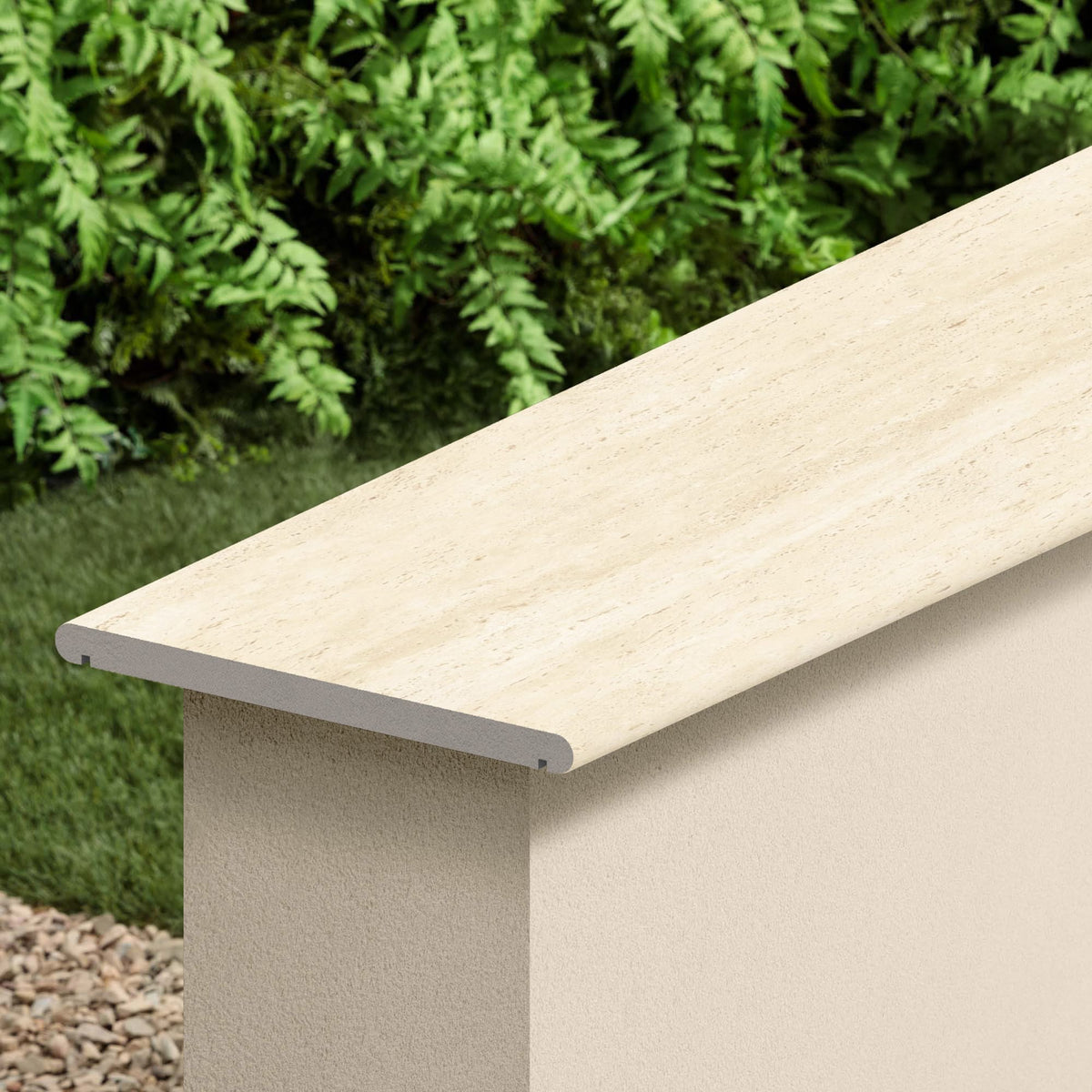 Couvertine effet Travertin Beige Vein Cut 120x30x2 cm Bord 1/2 Rond Double Larmier Neravio