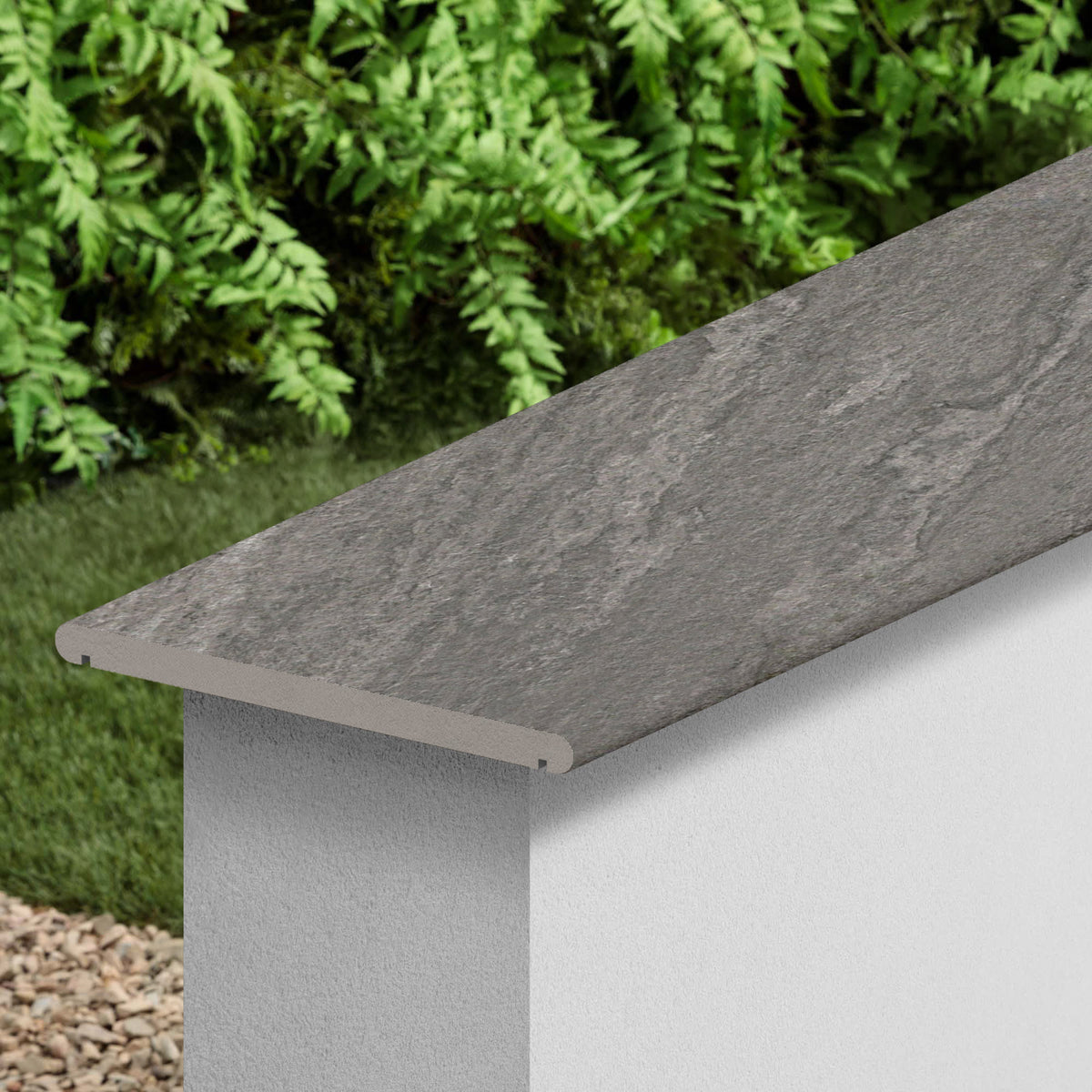 Couvertine effet Pierre Quartzite Gris Argile 120x30x2 cm Bord 1/2 Rond Double Larmier Teravio
