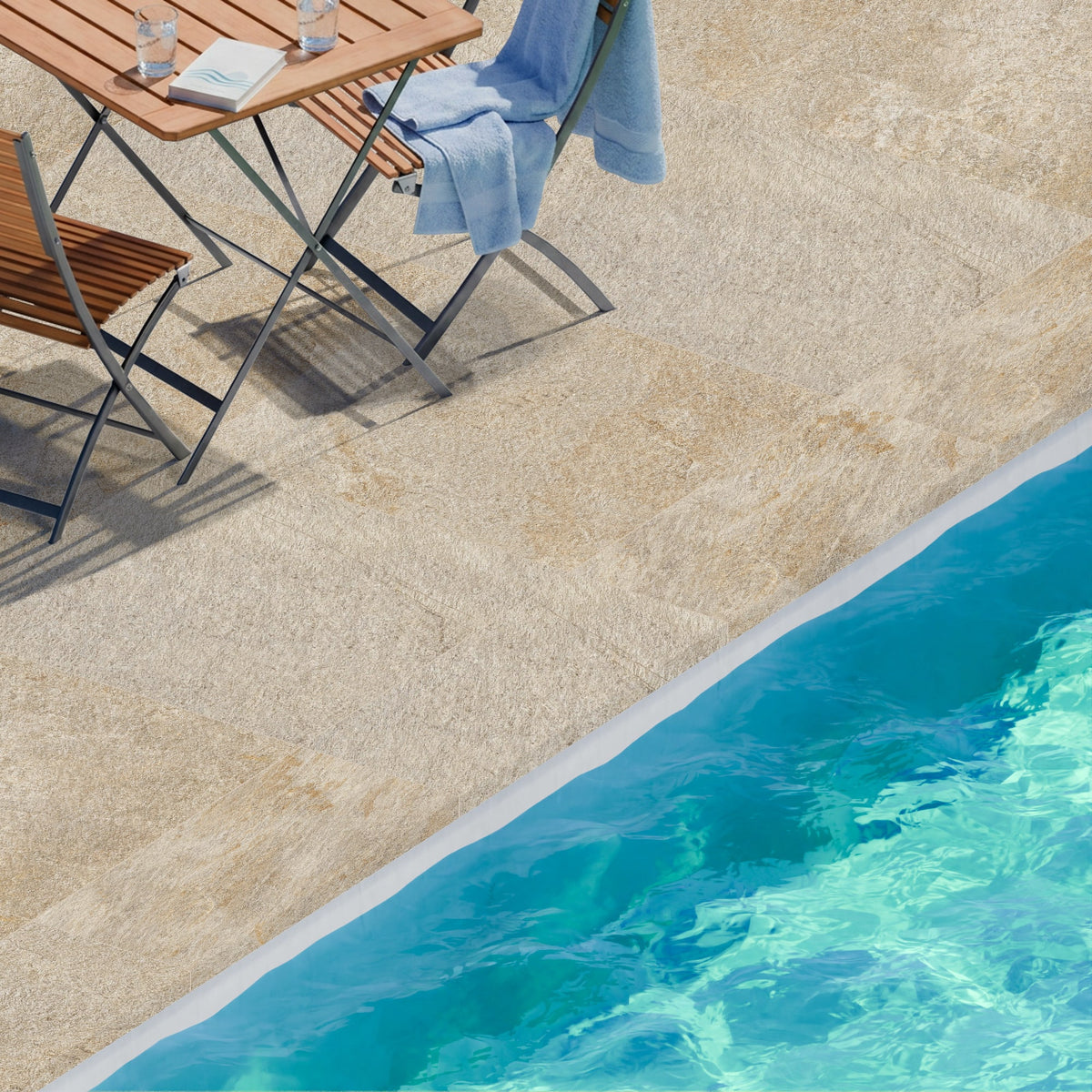 Margelle de piscine effet Pierre Quartzite Beige Doré 80x33x2 cm Bord Droit avec retombée Salvero