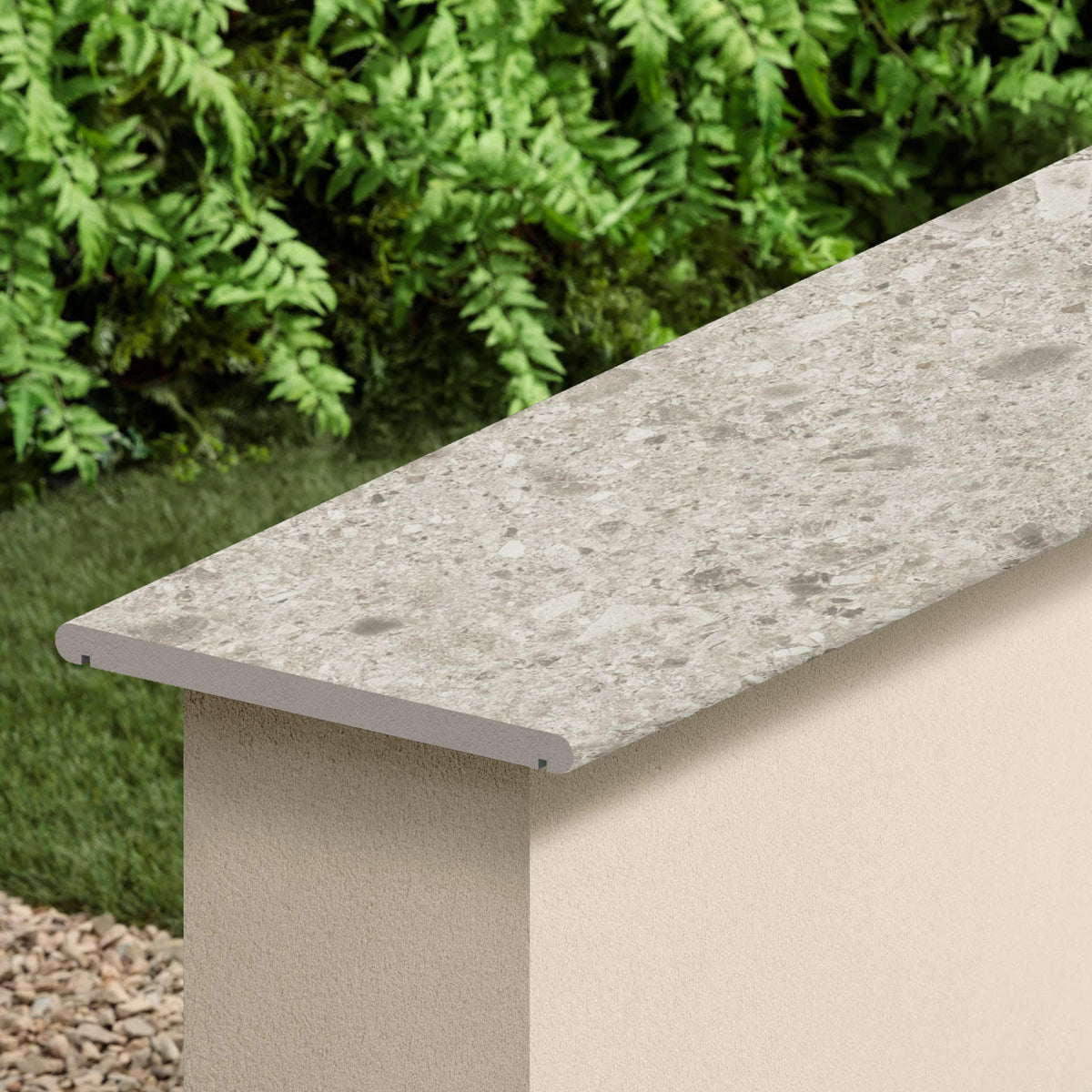 Couvertine effet Pierre Ceppo di Gré Gris Clair 120x30x2 cm Bord 1/2 Rond Double Larmier Massira