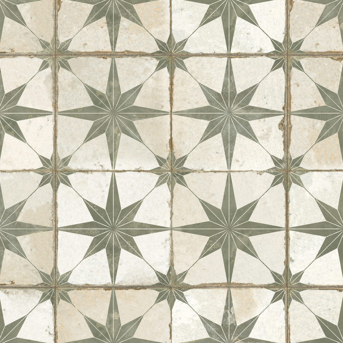 Carrelage Vintage effet Carreau ciment Etoile Verte et Fond Blanc 45x45x0,95 cm Sparta - Sol et mur intérieur