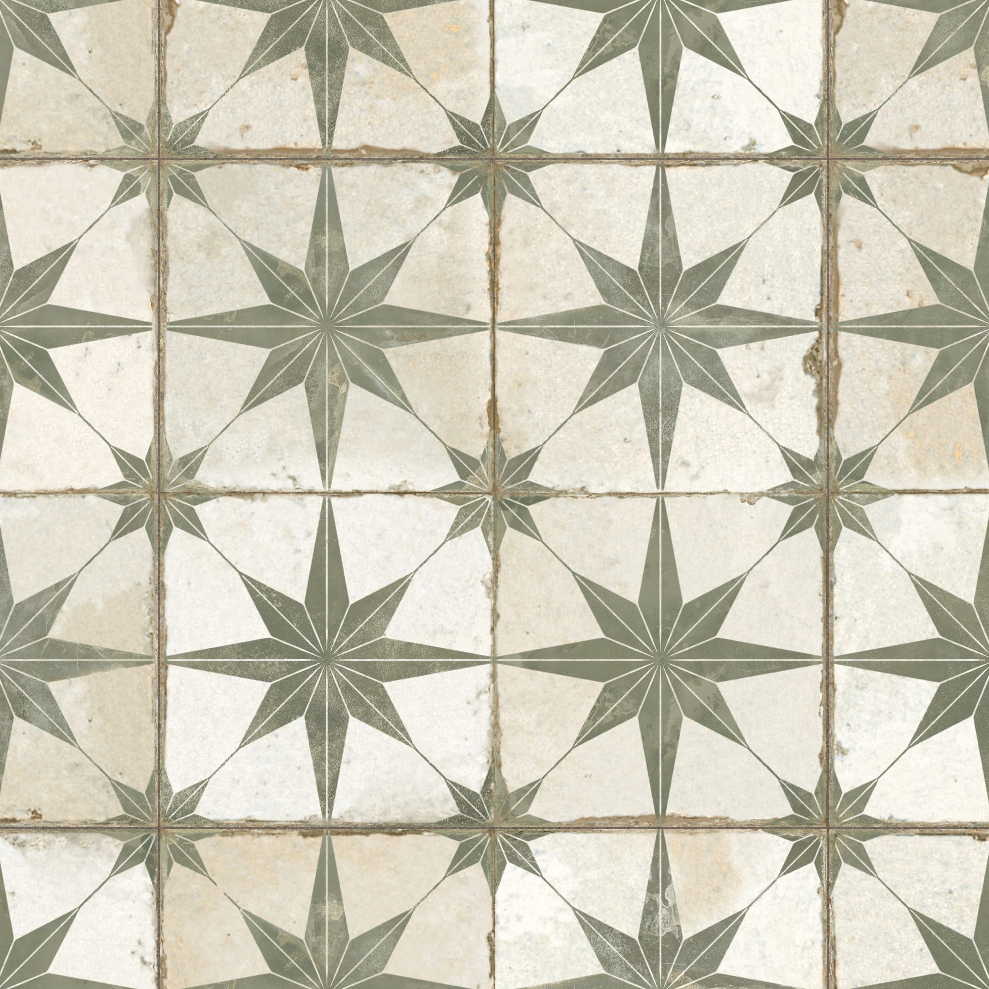 Carrelage Vintage effet Carreau ciment Etoile Verte et Fond Blanc 45x45x0,95 cm Sparta - Sol et mur intérieur