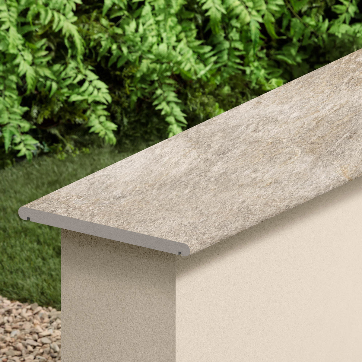 Couvertine effet Pierre Quartzite Gris Argent 120x30x2 cm Bord 1/2 Rond Double Larmier Salvero